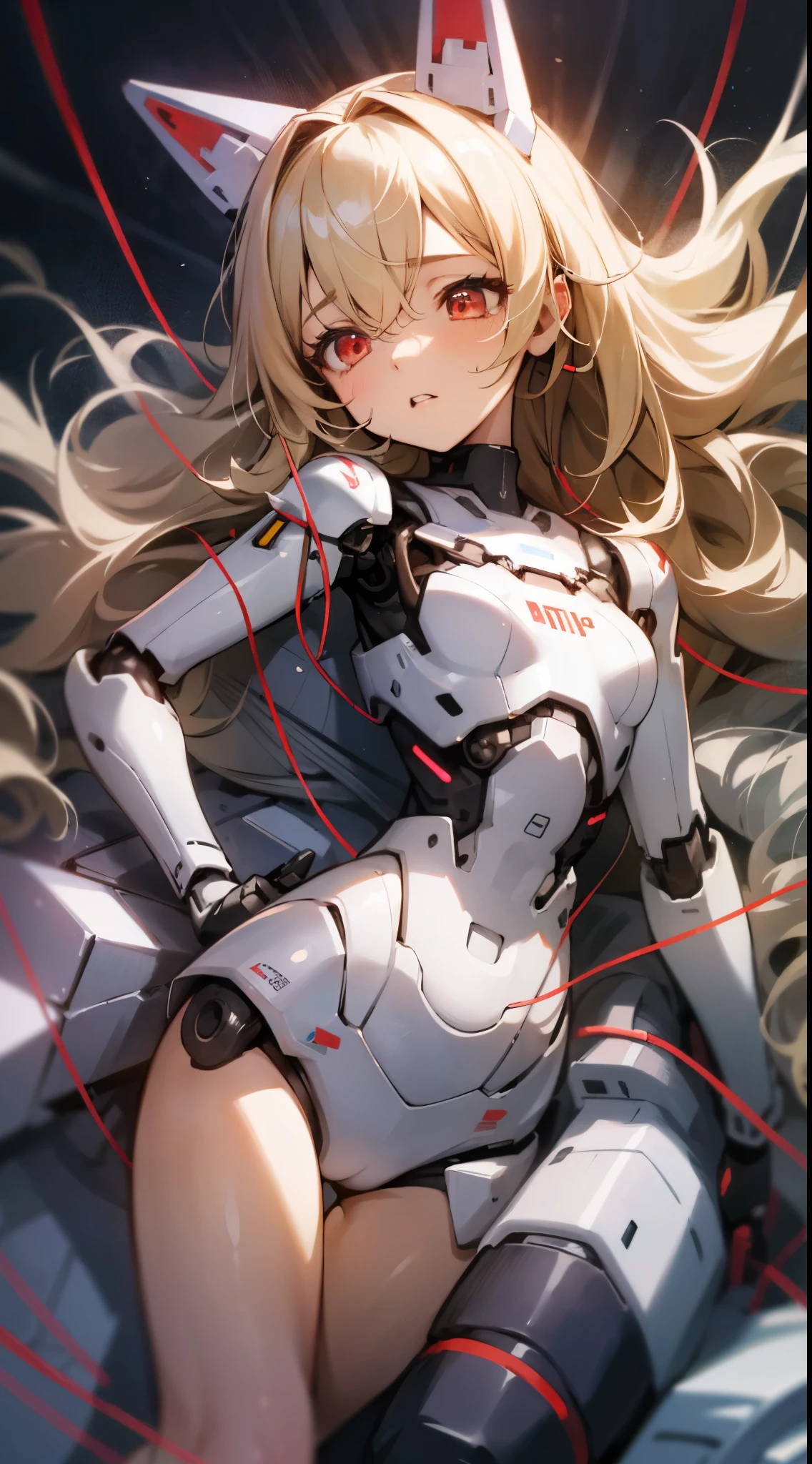 an extremely delicate,
beautiful girl,
parts being replaced,
(dozens of cables connected to body and ears:1.3),
break,
8k,
best quality,
masterpiece,
ultra hires,
ultra detailed girl,
super fine illustration,
break,
(looking away:1.3),
cowboy shot,
rim lighting,
Cinematic Lighting,
bloom,
glowing,
moody lighting,
on maintenance bed,
labo,
break,
1girl,
solo,
(cyborg girl:1.3),
college age,
perfect female body,
(lie on one's back:1.2),
(despair:1.2),
(trembling),
(parted lips),
(hollow eyes:1.2),
(feeling weak:0.8),
long hair,
big hair,
air bangs,
long bangs between eyes,
fluffy hair,
(shiny blonde hair),
boyish face,
(red eyes),
(glowing cyborg eyes:1.2),
(bare thighs:1.2),
(bare shoulders:1.2),
doll joints,
small breasts,
break,
white body,
thigh high socks,
(pale red power lamp:1.2),
cat ear headgear,