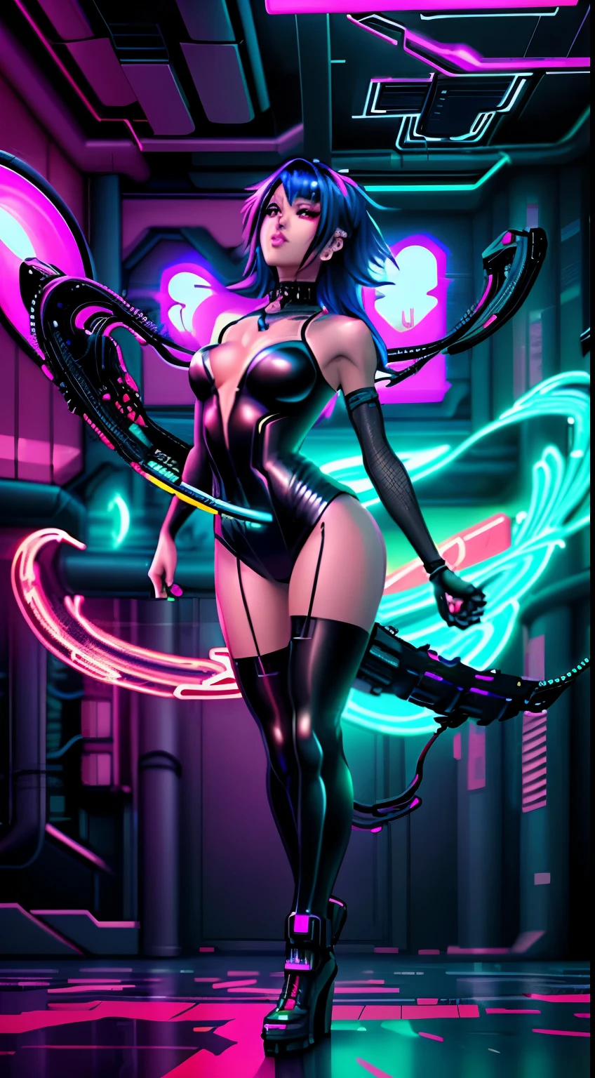 a woman in a black bodysuit holding a neon light, digital cyberpunk - anime art, digital cyberpunk anime art, anime cyberpunk art, advanced digital cyberpunk art, cybernetic wallpaper, cybernetic glowing, cyberpunk anime girl, bright cyberpunk glow, cyborg girl, female cyberpunk anime girl, cyber universe style, perfect android girl, cyberpunk anime girl mech, cyberpunk art style