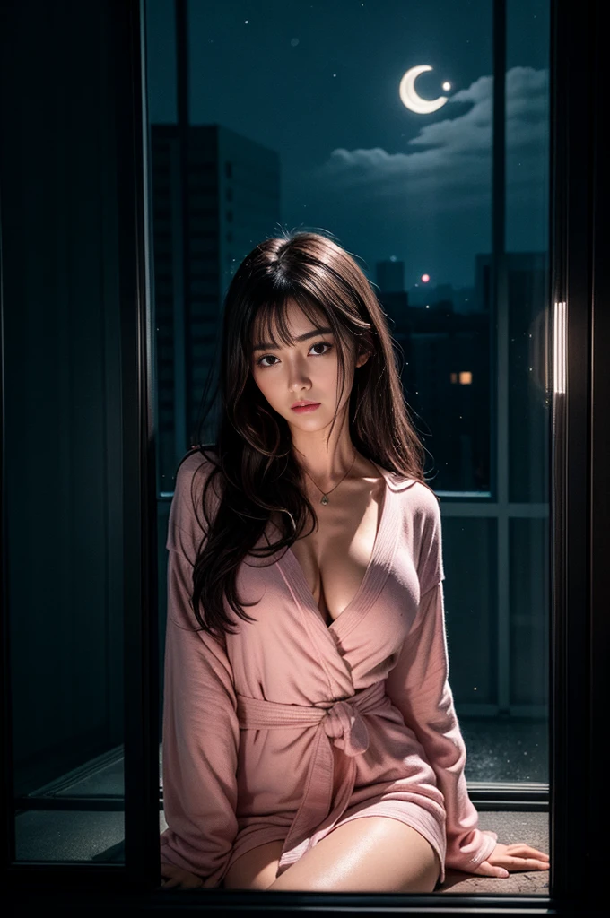 (Photoreal Stick:1.5, masutepiece:1.5, 8K), (top-quality, ​masterpiece, 超A high resolution), Perfect dynamic composition, Professional camera work:1.4, Highly detailed skin and facial texture:1.3, Mystical portrait:1.3, Grow Light Effect, The ultra-detailliert, 1girl in, ((Night view from inside the building, Pitch black room:0.9, The moonlight at night shines through the glass)), (Pink bathrobe), Model body type, Clear face, (Beautiful and seductive eyes:0.9, Enraptured look:1.0, i love you completely:0.8, A mouthfeel that feels beautiful eros:0.7), (Wet dark brown medium hair), the chest is medium, a necklace, (Leaning against the window, Sit up), ((seductiv))