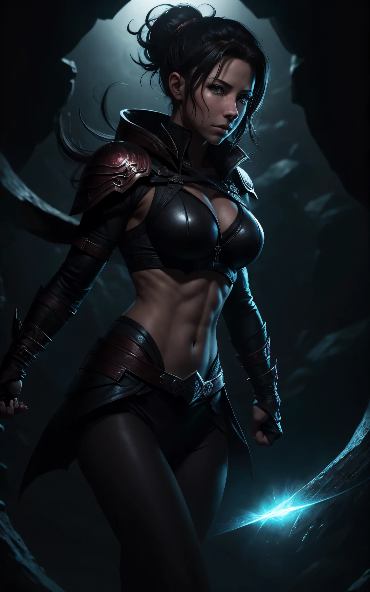 (Emily rudd:Evangeline Lilly) kunoichi coming out of a magical portal of darkness, hyperdetailed, trending on artstation, daggers in the hands, (perfect hands), hair up in a bun, action pose, anime waifu style, By David Benzal, fitness body, dark fantasy background, hdr,8k,