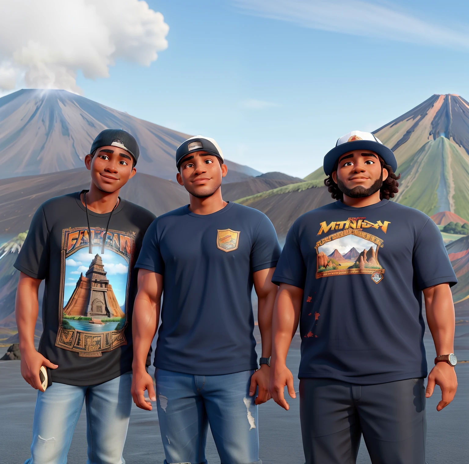 three men standing in front of a mountain with a sky background, in volcano, at a volcano, standing close to volcano, in a volcano, with a volcano in the background, black volcano afar, volcanoes in the background, official artwork, volcano in the background, volcano in background, volcanic, barong family, highly detaild, volcano setting, backup vocalists, snapback cap