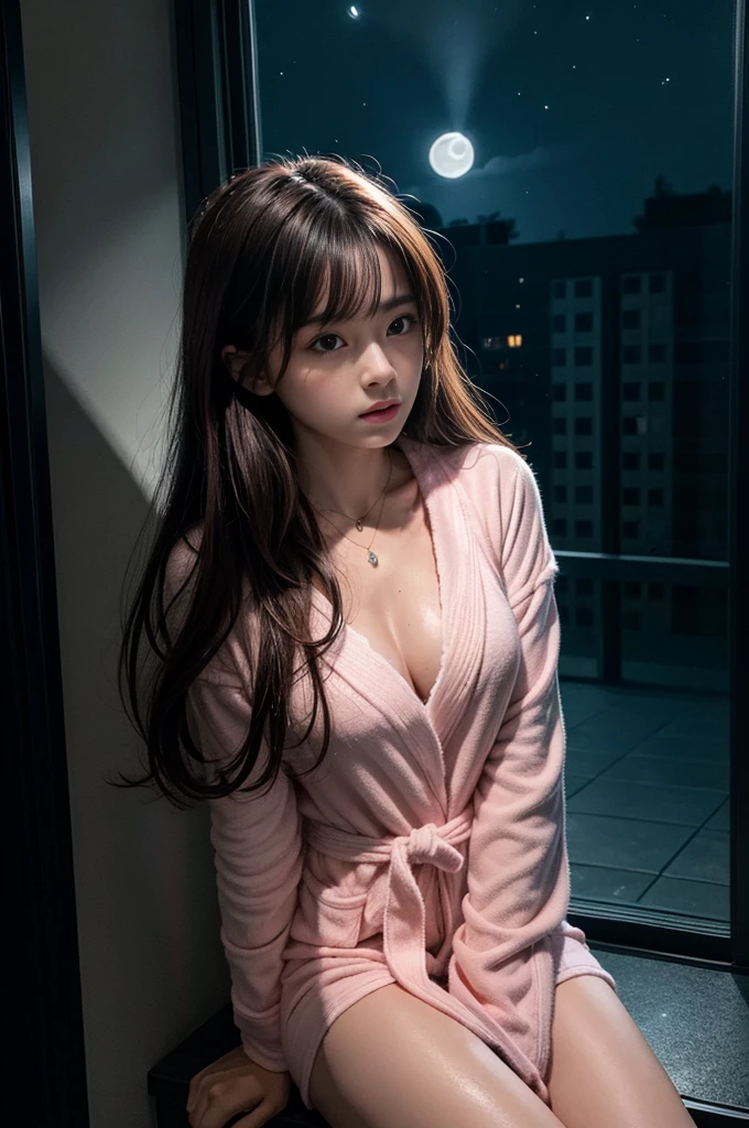 (Photoreal Stick:1.5, masutepiece:1.5, 8K), (top-quality, masterpiece, 超A high resolution), Perfect dynamic composition, Professional camera work:1.4, Highly detailed skin and facial texture:1.3, Mystical portrait:1.3, Grow Light Effect, The ultra-detailliert, 1girl in, ((Night view from inside the building, Pitch black room:0.9, The moonlight at night shines through the glass)), (Pink bathrobe), Model body type, Clear face, (Beautiful and seductive eyes:0.9, Enraptured look:1.0, i love you completely:0.8, A mouthfeel that feels beautiful eros:0.7), (Wet dark brown medium hair), the chest is medium, a necklace, (Leaning against the window, Sit up), ((seductiv))