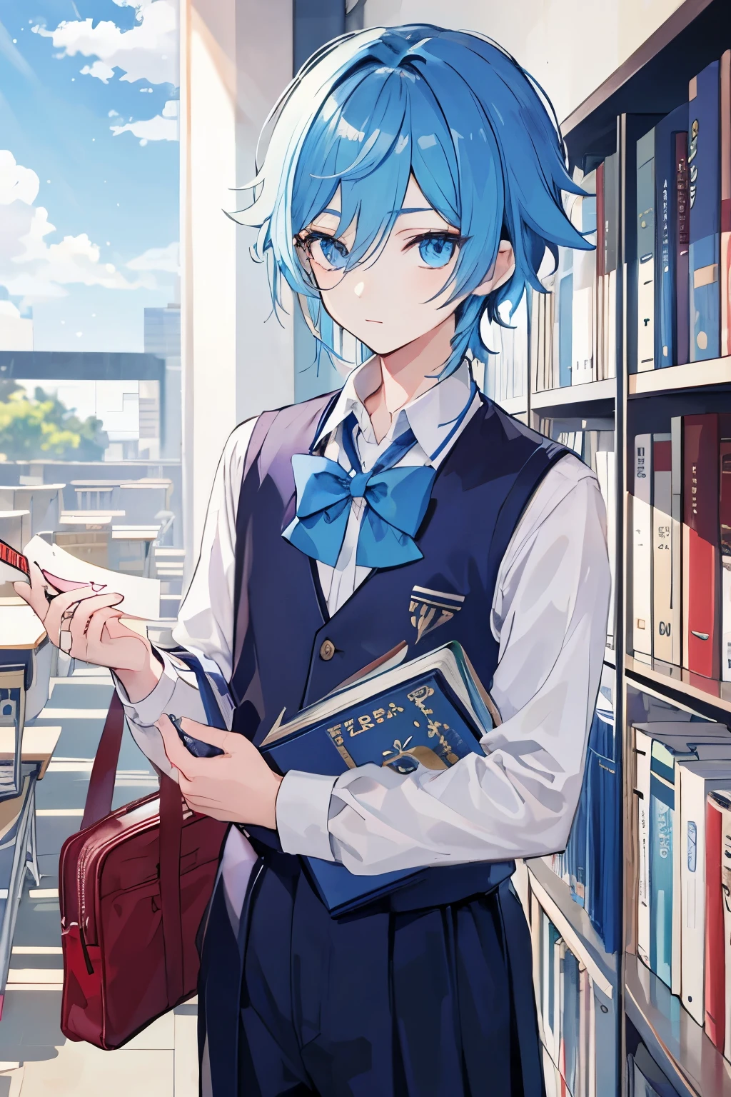 1boy, blue hair, blue eyes, school uniform, cute, anime, genshin impact, school library, book