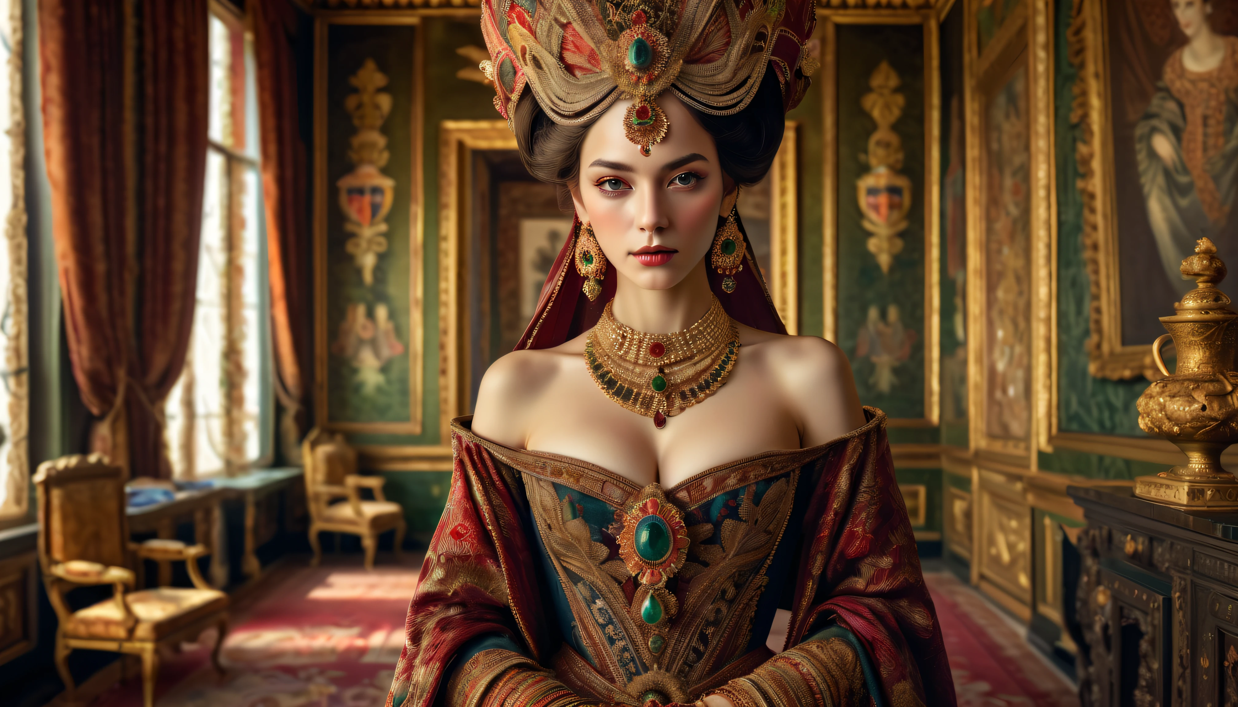 The central figure in the image is a woman adorned in elaborate attire, suggestive of historical or royal clothing. Their face is obscured by a censor box. They are wearing an intricately designed outfit with rich colors and detailed patterns, including jewelry and a headpiece. The background consists of an opulently decorated room with dark tones, giving it an antique look. There are paintings on the wall and luxurious drapes, adding to the regal atmosphere. high quality, hyper-realistic with neutral face high detailed full HD realistic image, focus on every one, studio , smooth skin, 8k, 12k, Cinematic, Photography,