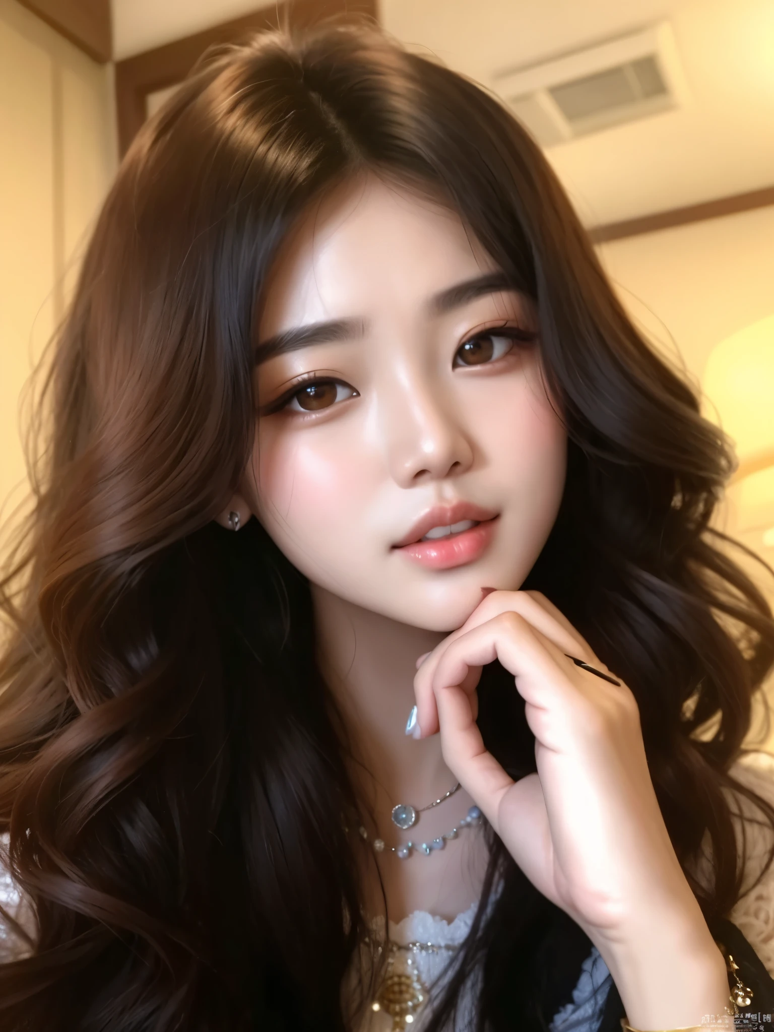 um close up de uma mulher com cabelos longos e um colar, maquiagem sul-coreana popular, maquiagem coreana popular, rosto sexy com maquiagem completa, Ulzzang, coreana, south east asian com rosto redondo, Mulher sul-coreana bonita, korean face features, young cute wan asian face, Yanjun Chengt, wan adorable korean face, Sakimichan, com rosto redondo