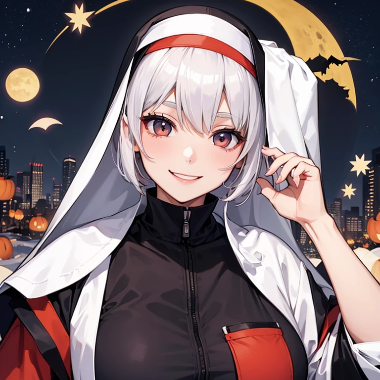A 30 year old women with SNOMYRS Nun Costume For Women Japanese Kawaii Lingerie Halloween Bodysuit Women Nun'S Dress Uniform The Nun Cosplay Costume With Headpiece, smiling face, looking at viewer