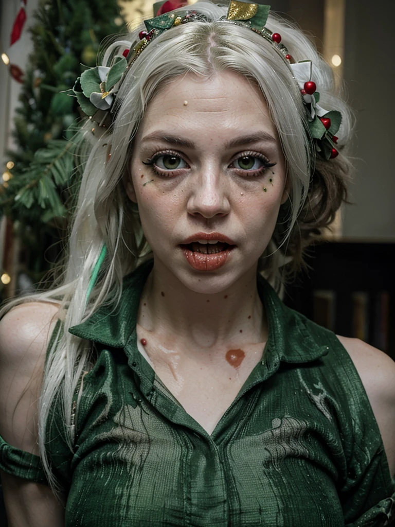 A woman, (((white eyes, white pupil))), (pale green hair), dressed in a Christmas tree-inspired outfit, with a green tinsel minidress that resembles it. tree branches, adorned with colorful ornaments, twinkling lights and a star, complemented by red and gold ornaments and a candy cane striped bow headband, exuding festive and glamorous vibes, ((zombie)), ((zombie woman )), ((exposed brain)), ((medium shot of a zombified woman)), horror film, aristocratic aesthetic, ultra detailed, photorealistic, masterpiece, ultra pale skin, ((blood all over the body)), ((torn clothes)), ((torn body)), ((open mouth dripping drool))