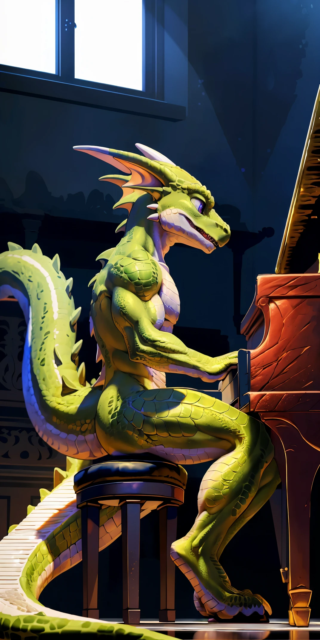 cover page, highres, top quality, best quality, paid reward available, unparalleled masterpiece, perfect artwork, High-quality illustrations, super high resolution, absurdres, perfect anatomy(Anthro: 1.7)furry explicit((kobold))high res(detailed eyes expressive eyes)insane details(cinematic lighting)lizard man kemono((lizard man play the piano, staring Musical score))(piano:1.2)((lizard Facial Features, lizard Body Features))(Dense and Detailed Muscles))(hyper realistic scales:1.3)(detailed scales:1.2)(scale covered body)(kobold face)(kobold features)(expressive face, detailed face)(serious expression, downcast expression)from side, piano stool, indoors, window,
