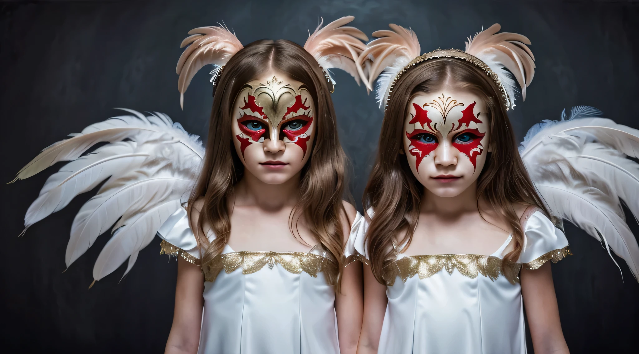 two BLOND GOLD CHILDREN girls dressed in costumes with masks and feathers, award winning fotografia de terror, fotografia de terror, angelic and unsettling, arte de terror surreal, 2 anjos, imagem assustadora espiritual, fotografia assustadora, , surrealismo assustador