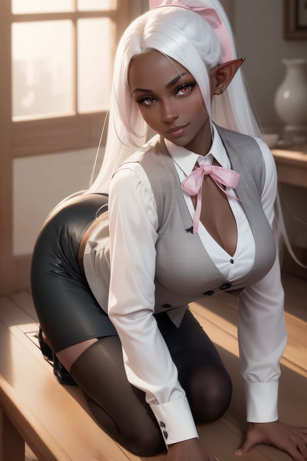 (best quality, 4k, 8k, highres, masterpiece:1.2), ultra-detailed, detailed face, detailed lips and eyes, attractive appearance, realistic,
BREAK Lavaoise dark elf,(dark skin:1.2),tan skin,pointy ears,(pink eyes),long hair,white hair,medium breasts,drow,smile,
BREAK BREAK (white and gray theme:1.3), (wearing a [[white and gray plaid pattern]] vest over a long sleeve white collared-shirt:1.4), (buttoned gray vest:1.2),
BREAK (pink theme:1.2), (pink ribbon bow:1.3),
BREAK (black theme:1.4), (tight black pencil skirt:1.5), (pantyhose:1.3), (high heels:1.1),
BREAK (nowadays:1.5),ponytail,charming smile,Dubai,dramatic lighting,soft sunlight illuminating the scene,subtle shadows adding depth and dimension to the image,photorealistic rendering