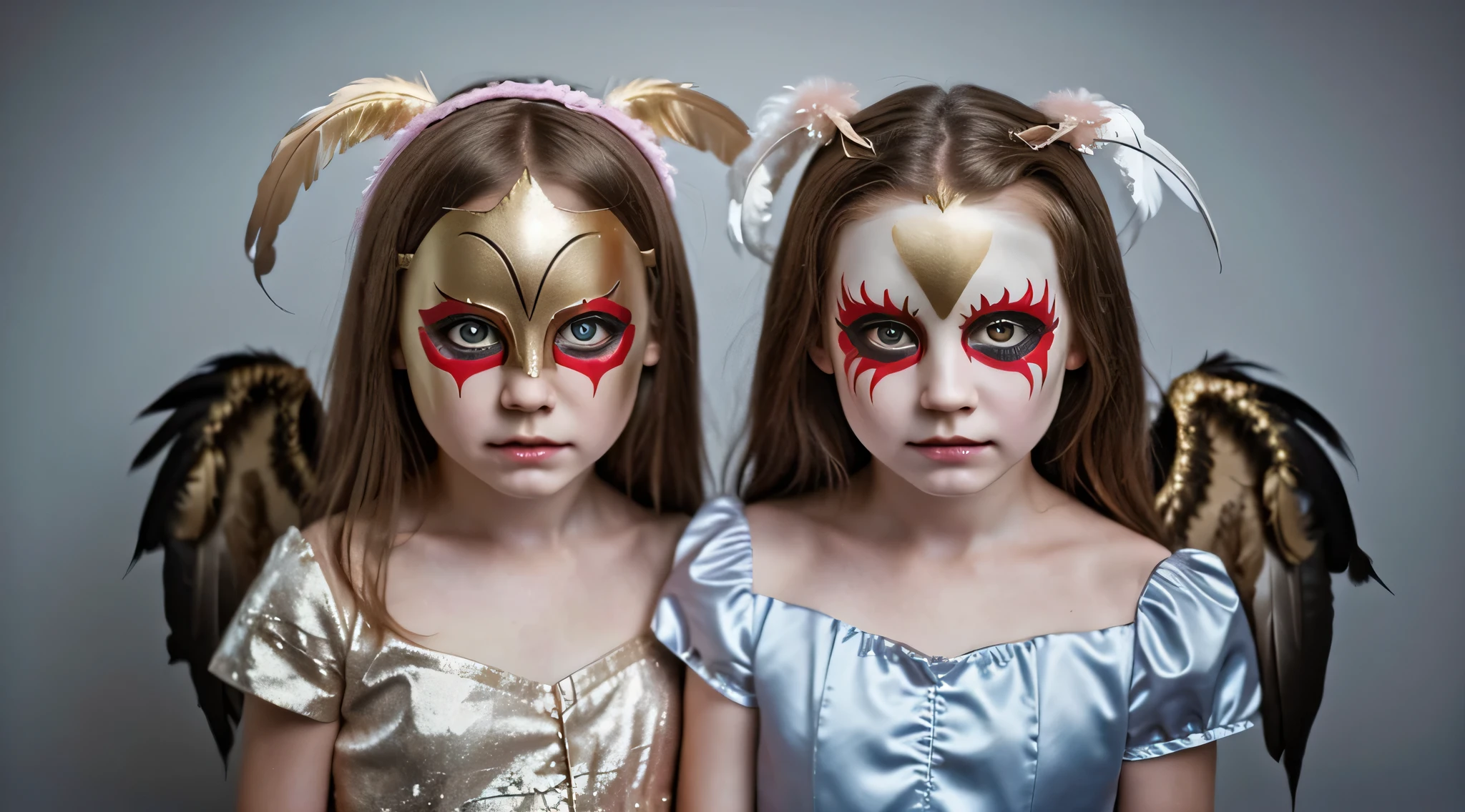 two BLOND GOLD CHILDREN girls dressed in costumes with masks and feathers, award winning fotografia de terror, fotografia de terror, angelic and unsettling, arte de terror surreal, 2 anjos, imagem assustadora espiritual, fotografia assustadora, , surrealismo assustador