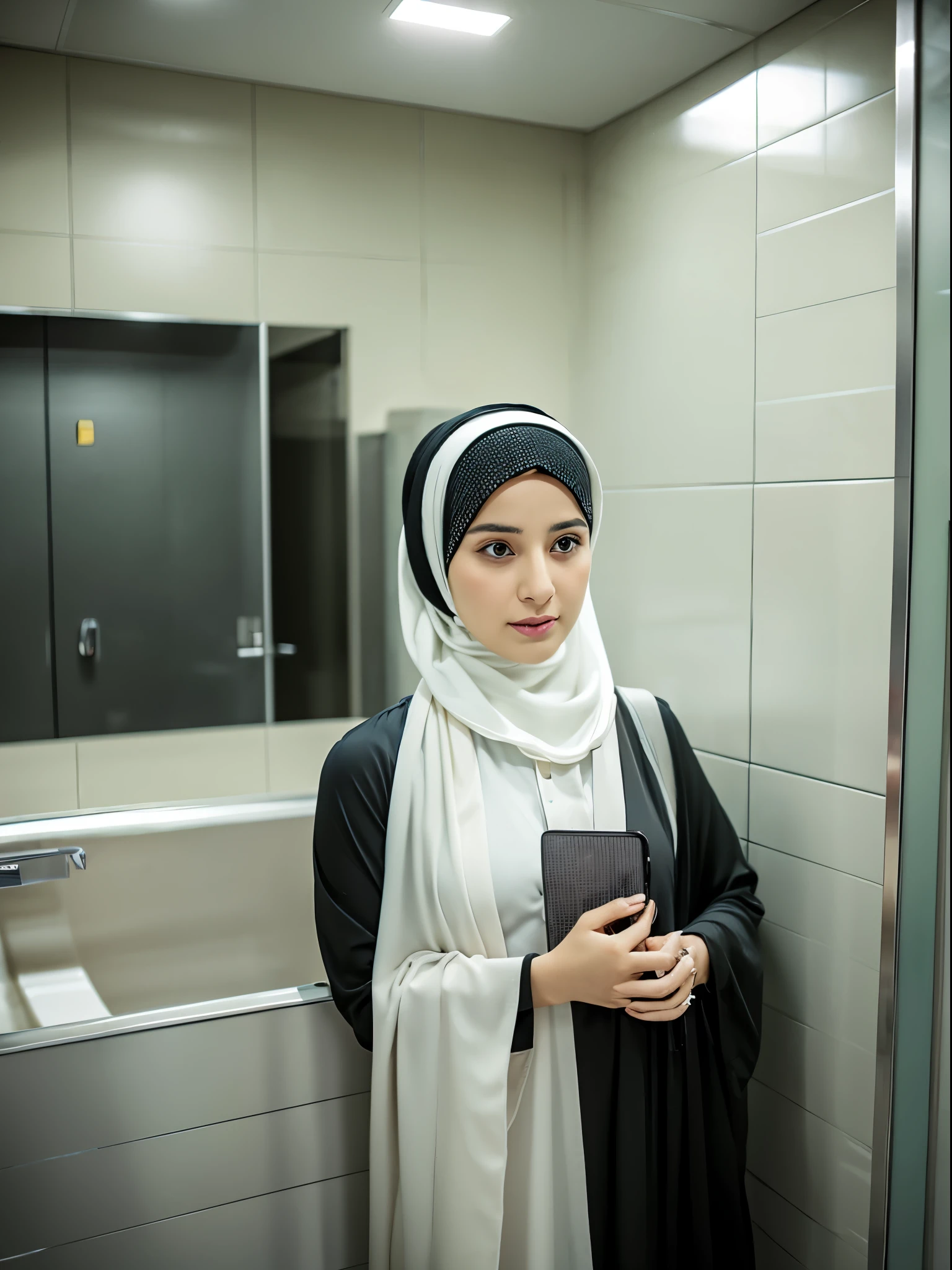 middle eastern women, hijab, gamis, office bathroom