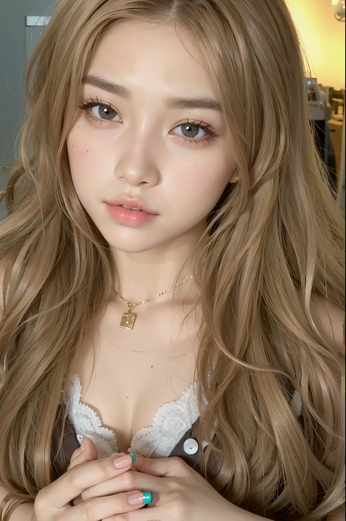 Closeup of a woman with long hair wearing a bra, con cabello largo y ojos penetrantes, light brown long wavy hair, brown light hair y prolijo, Cabello beige, ulzzang, Cabello suave, Retrato realista kawaii, maquillaje suave, pale porcelain white skin, Your skin is light brown, Ojos grandes y cabello largo y suelto, brown light hair