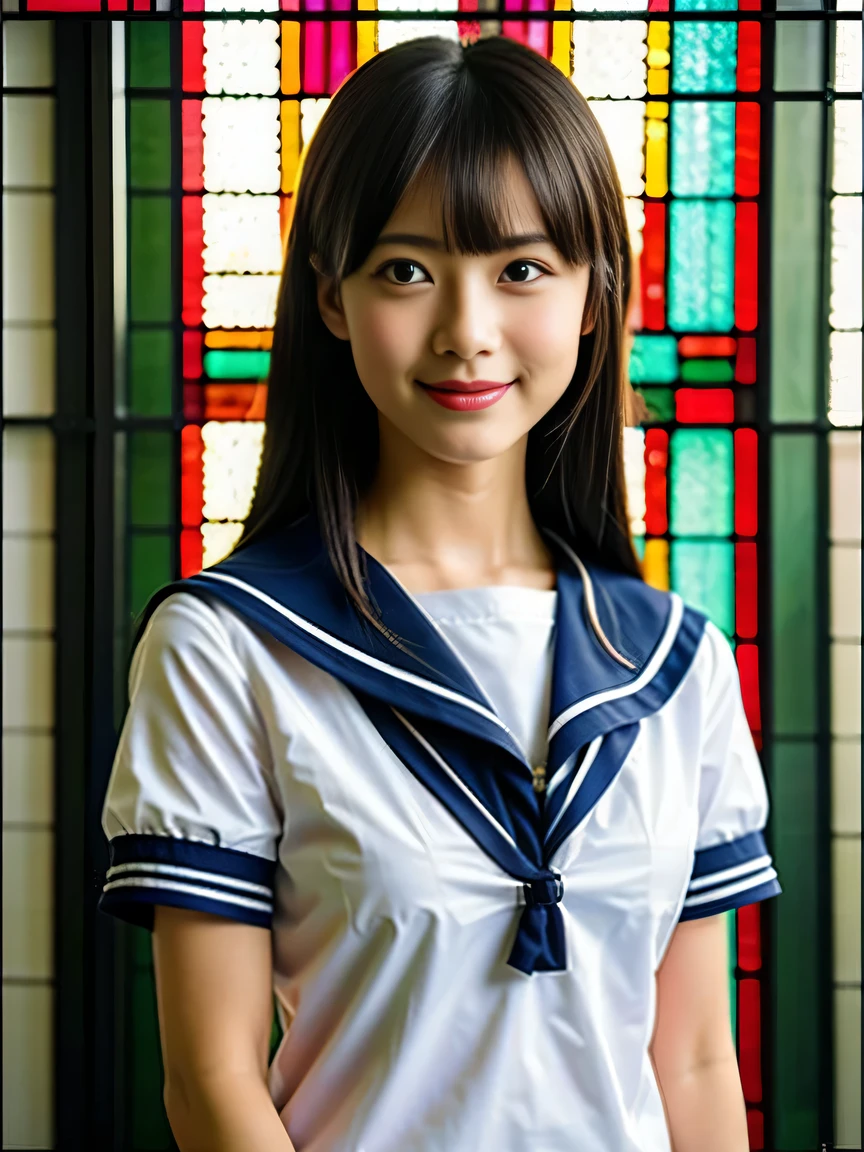 (((Draw only one woman: 2))), Beautiful 18 year old Japan woman, (A high school girl wearing a sailor uniform with short sleeves and a ribbon: 1.5), (Japan strict girls' school sailor uniform), ( High school girl sitting in the church pew: 1.2), (Beautiful and elaborate stained glass on the background: 1.5), ((1screen)), in 8K, RAW shot, top quality photo, masutepiece, Amazing realism photos, (lighting like a movie:1.5), ((Anatomically correct proportions: 1.5)), ((perfectly proportions)), Cute woman like an idol in Japan, Detailed face, Detailed eyes, Narrow Nose, Detailed skin, (Beautiful long hair: 1.5), (Transparent bangs:1.5), {{facial close-up:1.5}}, (ssmile:1.2), (Angle from the side)