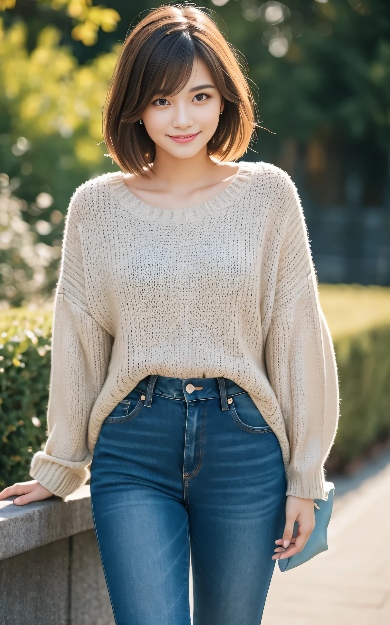 masutepiece, Best Quality, 8K, 1 girl, 20 yo, Closed mouth, Smile, Full body, (Full body:1.4), Solo, Cute, Girly, Delicate girl, Neat and clean beauty, Raw photo, Professional Photography, Portrait, Soft light, Professional Lighting, Back lighting, Look away, looking at away, Sophisticated, Film grain, (Eyes and faces with detailed:1.0), Short-length floating hair, Beautiful flowing hair, Sweaters, Jeans pants