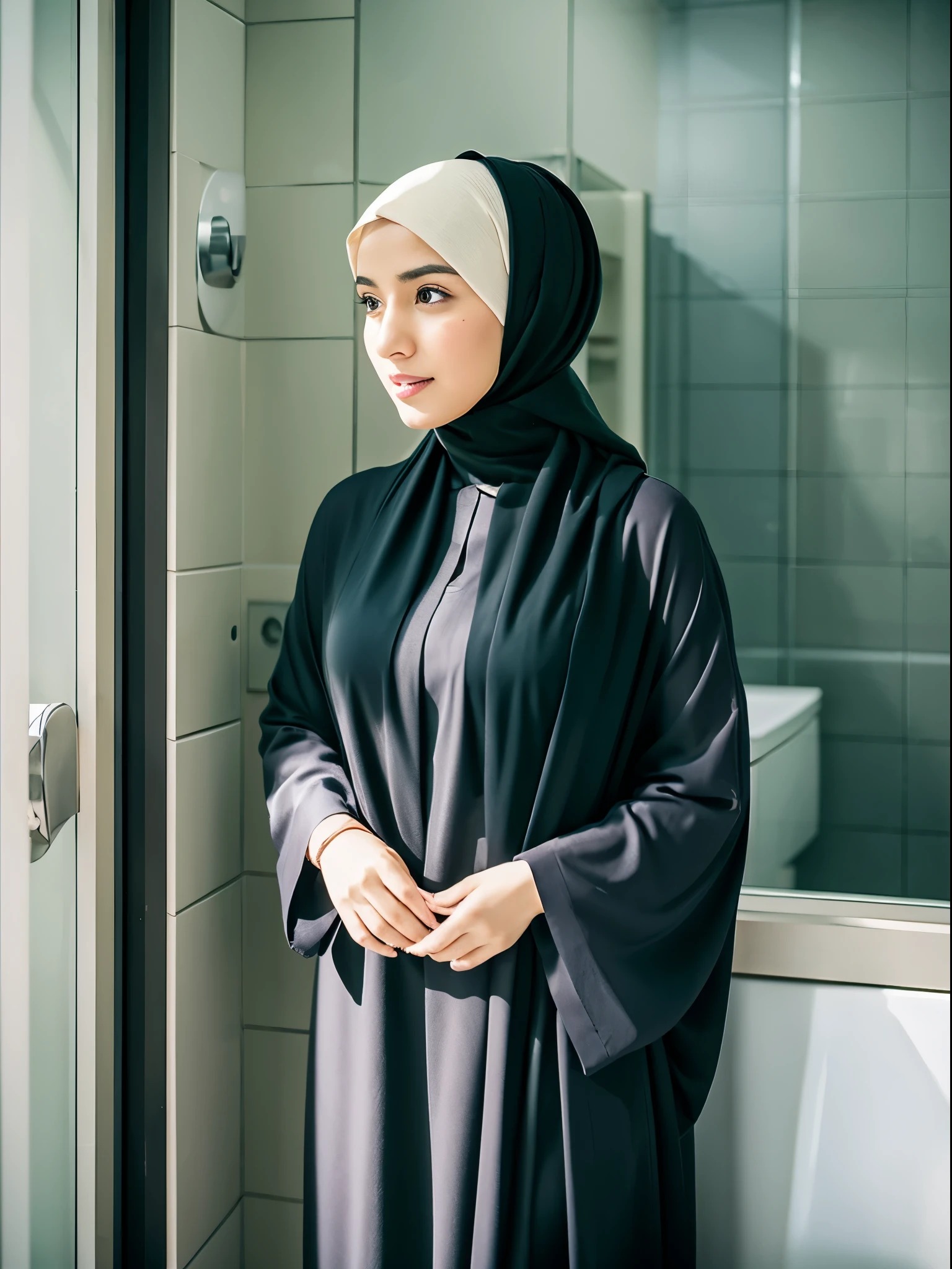 middle eastern women, hijab, gamis, office bathroom