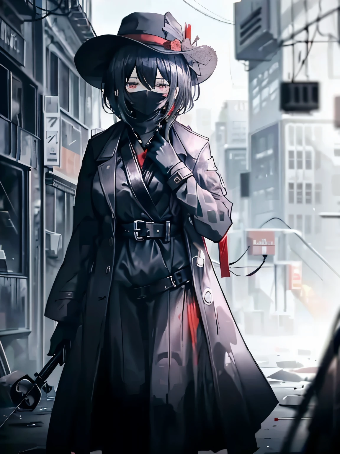 girl，20yr old，black color hair，Qi bangs，red color eyes，Wearing a black French wide-brimmed hat，Wear a black trench coat，Black mask，Gauze wrapped around the neck，violin in hand