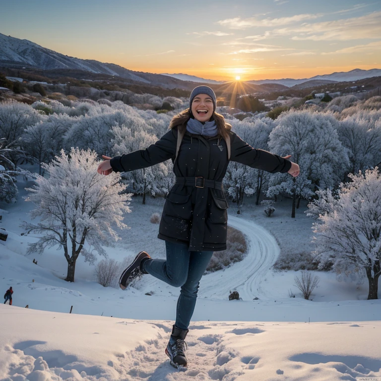 Es invierno, hace fresco, hay nieve, captures a panoramic shot of a very pretty full-length woman walking, She is very happy and jumps for joy in a park celebrating the prize she won in the lottery, la mujer pasea contenta hacia el fondo del bosque mirando al horizonte la puesta de sol. Obra maestra altamente detallada, Meticulously labeled and presented in stunning 8K resolution, profesional photography, 8k, foto RAW, La mejor calidad, obra maestra, fotorrealista, Altamente detallado, foco nítido, DSLR, High resolution, fotorrealista.