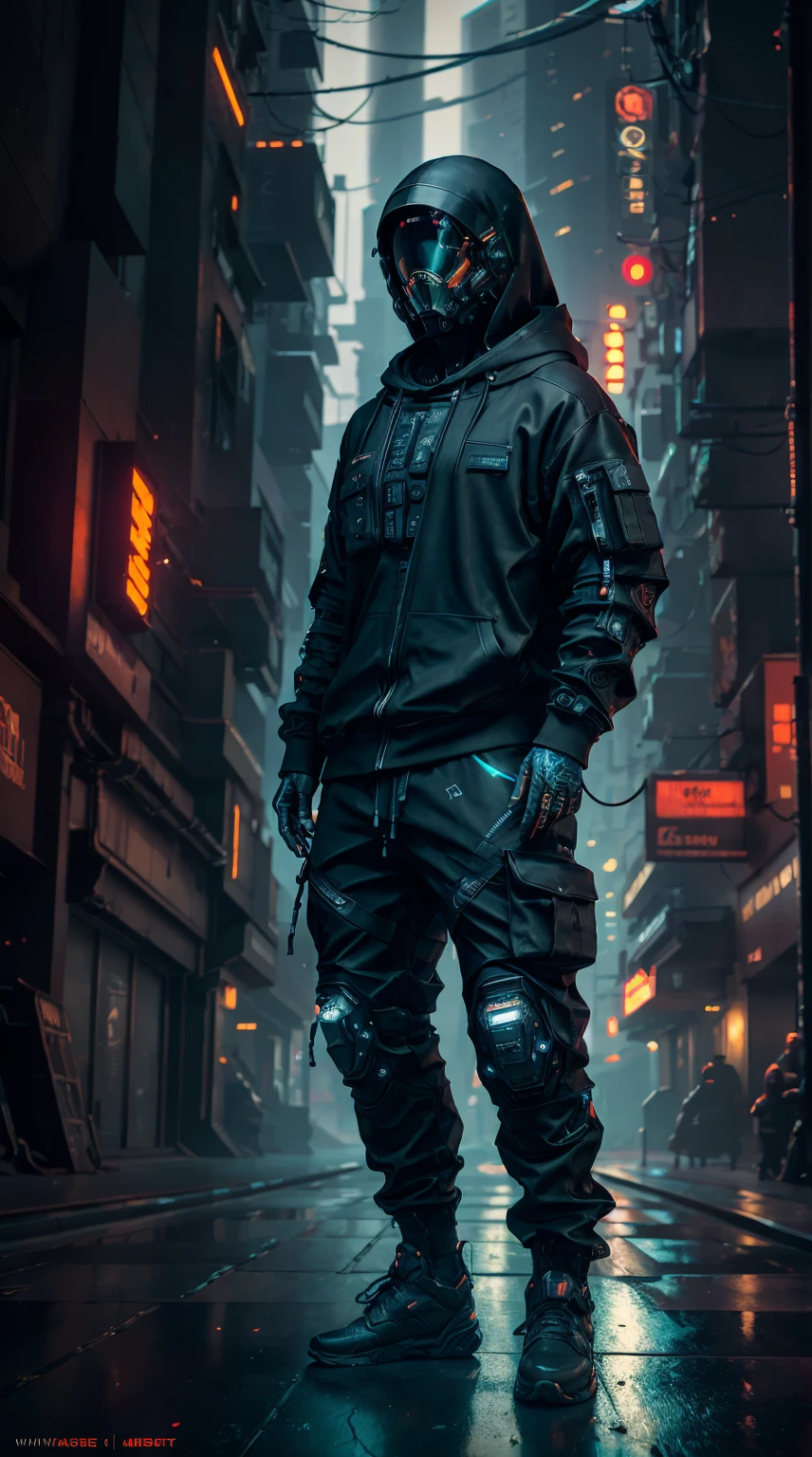 (masterpiece, full body shot, intricate raw photography) Cyberpunk citizen, comfortable oversize black hoodie, black cargo pants, black clothes, dark, wearing a black helmet hitech style Astronaut, intricate, futuristic, advanced technology, dark environment, dramatic, light and shadow, cinematic, action movie, sharpness, random relaxed position, Cyberpunk City, street lights, dark street, night, Insta photo, photo of the year, octane render, substance, Maya 3D,  cinema4D, ArtStation Trending, Devian Art Trend,