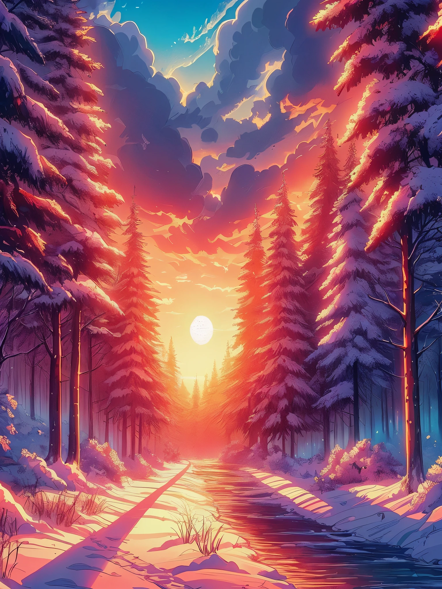 Draw an anime lofi scene of sunset in the forest covered with snow, winters, tropical pine forest, vibrant saturated colors, beautiful color palette, masterpiece, calm, peaceful, no human, cloudy sky, forest path