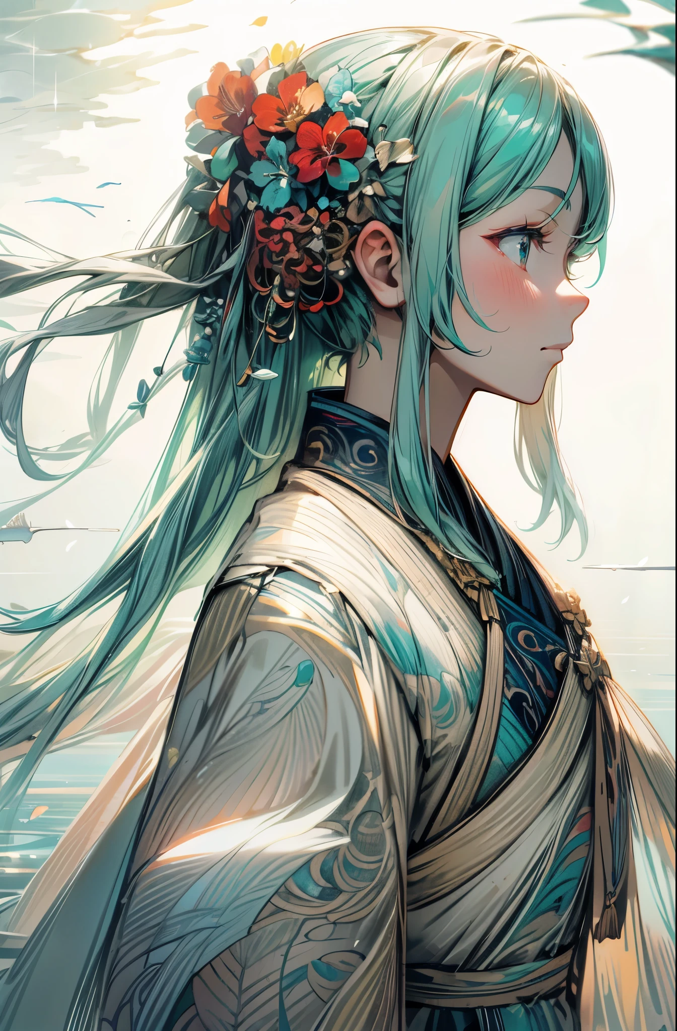Messy painting style，（tmasterpiece，Best quality：1.2），（Under water，ssee-through，from below：1.5），8K，RAW photos，1 female avatar，curlies，Long hair fluttering in the water，长长的curlies在水中飘扬,hoang lap，ocean floor，Under water，requirements，carp，Beautiful coral reef，Rochaany very small fish，Colorful tropical fish，light  leaks，depth of fields，amazing scenery，Long hair dancing in the wind，Female long hair，Long hair fluttering in the water，filmgrain，color difference，动态照明，dramatic lights，HighDynamicRange，realistically，filmgrain，color difference，A high resolution，hyper-detailing，finely detailled，The content is very detailed，cel shadow， tack sharp focus，recife，Colorful fish and marine life are everywhere，Clear turquoise water，sunlight through surface，Create a magical and ethereal atmosphere，illuminations，Watercolor painting begins