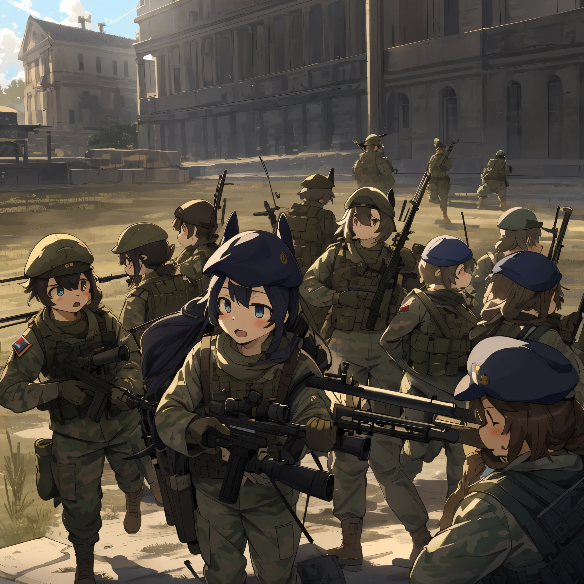 top quality, best quality, High-quality illustrations, masterpiece, super high resolution, detailed background, Military Headquarters, Maritime Self-Defense Force, rifle, sniper, battlefield, 6+boys, 6+girls, absurdres(highly detailed beautiful face and eyes)perfect anatomy, expression, good lighting, cinematic shadow(kemono, furry anthro)assorted poses, dynamic angle,