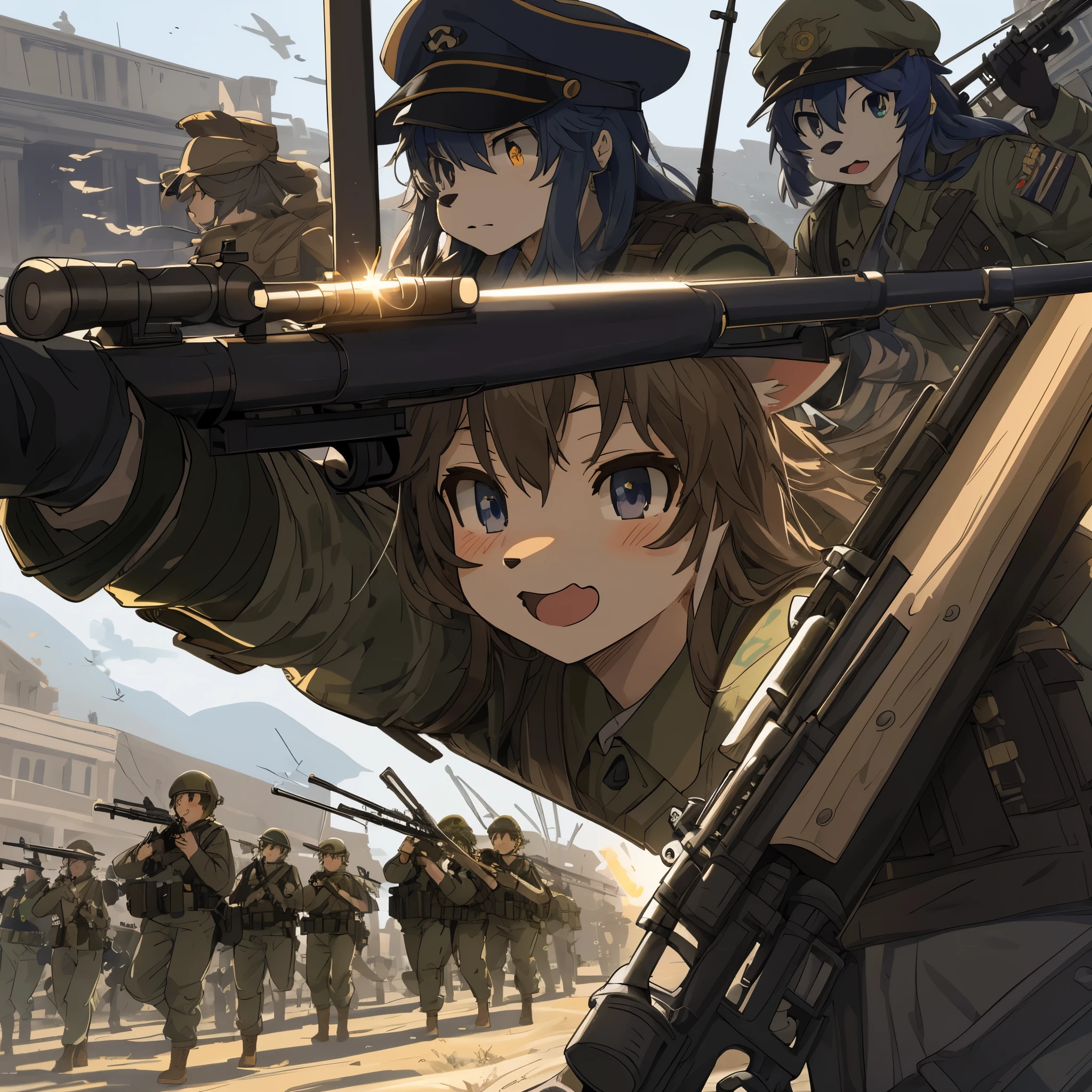 top quality, best quality, High-quality illustrations, masterpiece, super high resolution, detailed background, Military Headquarters, Maritime Self-Defense Force, rifle, sniper, battlefield, 6+boys, 6+girls, absurdres(highly detailed beautiful face and eyes)perfect ???????, expression, good lighting, cinematic shadow(kemono, furry anthro)assorted poses, dynamic angle,