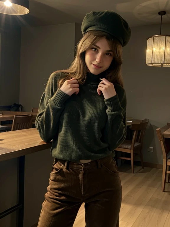 (ULTRA BEST QUALITY, in 8K, Meisterwerk, Wasserzeichen-Illustration), wildes Weibchen im Restaurant, Sonnenlicht, muscular body type, mit flauschigen Haaren, Blond, braune Augen, careless hairstyle, Broad smile, sitzend am Esstisch, im Restaurant, She wears a oliv green sweater, she wears a small one goldene Kette, she is wearing light brown corduroy pants, hat einen Caffee in der Hand,