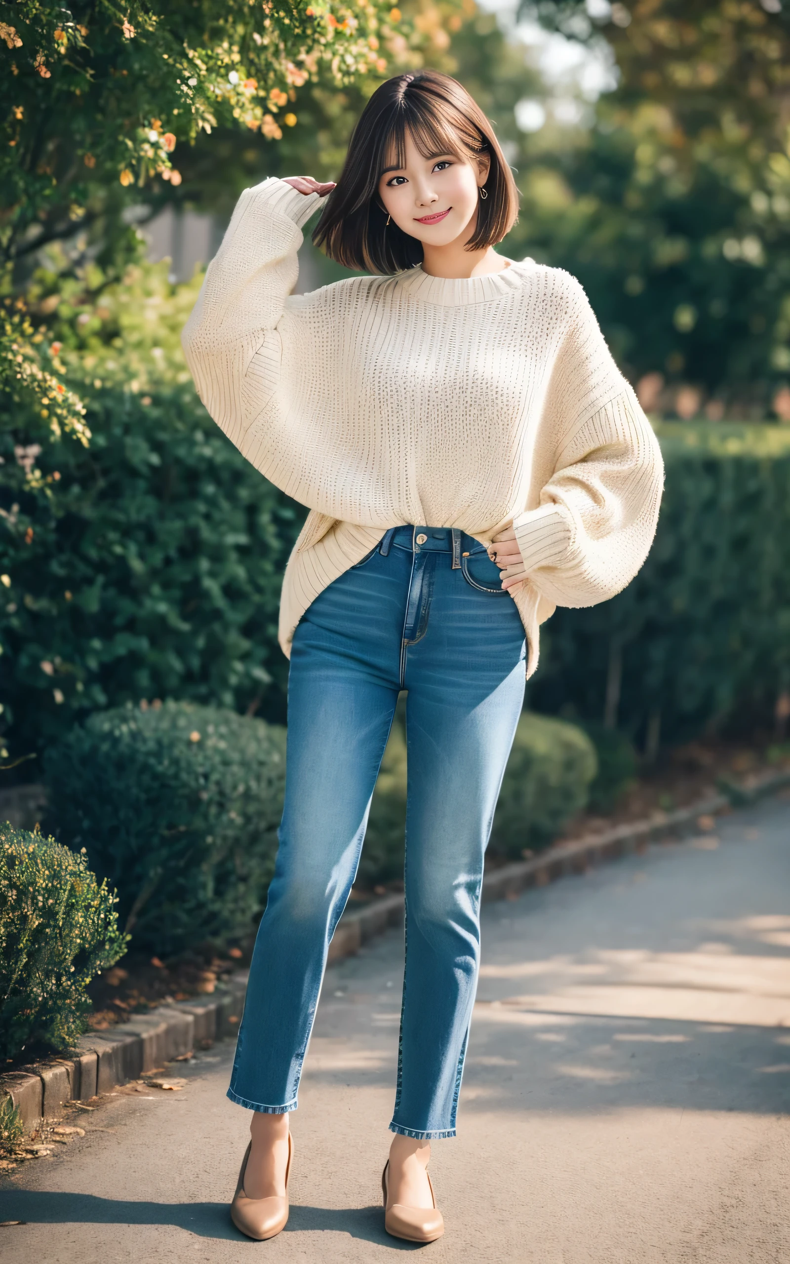 masutepiece, Best Quality, 8K, 1 girl, 20 yo, Closed mouth, Smile, Full body, (Full body:1.4), Solo, Cute, Girly, Delicate girl, Neat and clean beauty, Raw photo, Professional Photography, Portrait, Soft light, Professional Lighting, Back lighting, Look away, looking at away, Sophisticated, Film grain, (Eyes and faces with detailed:1.0), Short-length floating hair, Beautiful flowing hair, Bangs, Sweaters, Jeans pants