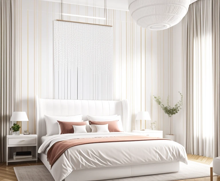 white luxury bedroom, (supper detail:1.2), 1 big abtract poster on the wall