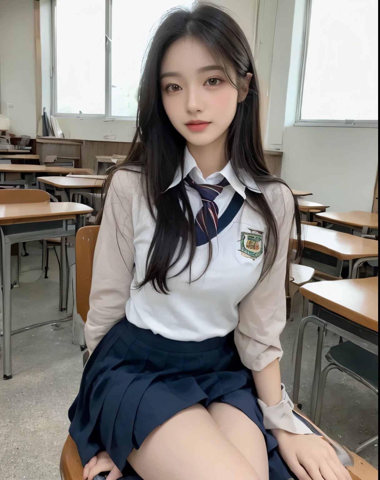 (((Best Quality, 8K, Masterpiece: 1.3,)), high-definition facial features, delicate facial feature, 1girl, Slim Abs Beauty: 1.3, ((long hair, natural hair)), ((((wearing school uniform)))), Fine Face, (((Delicate Eyes))), Double Eyelids, Smile, looking at the viewer, ((full body 1.5)), (((background : school))), ((((natural background)))), (sitting on the chair), chair, window, bare legs