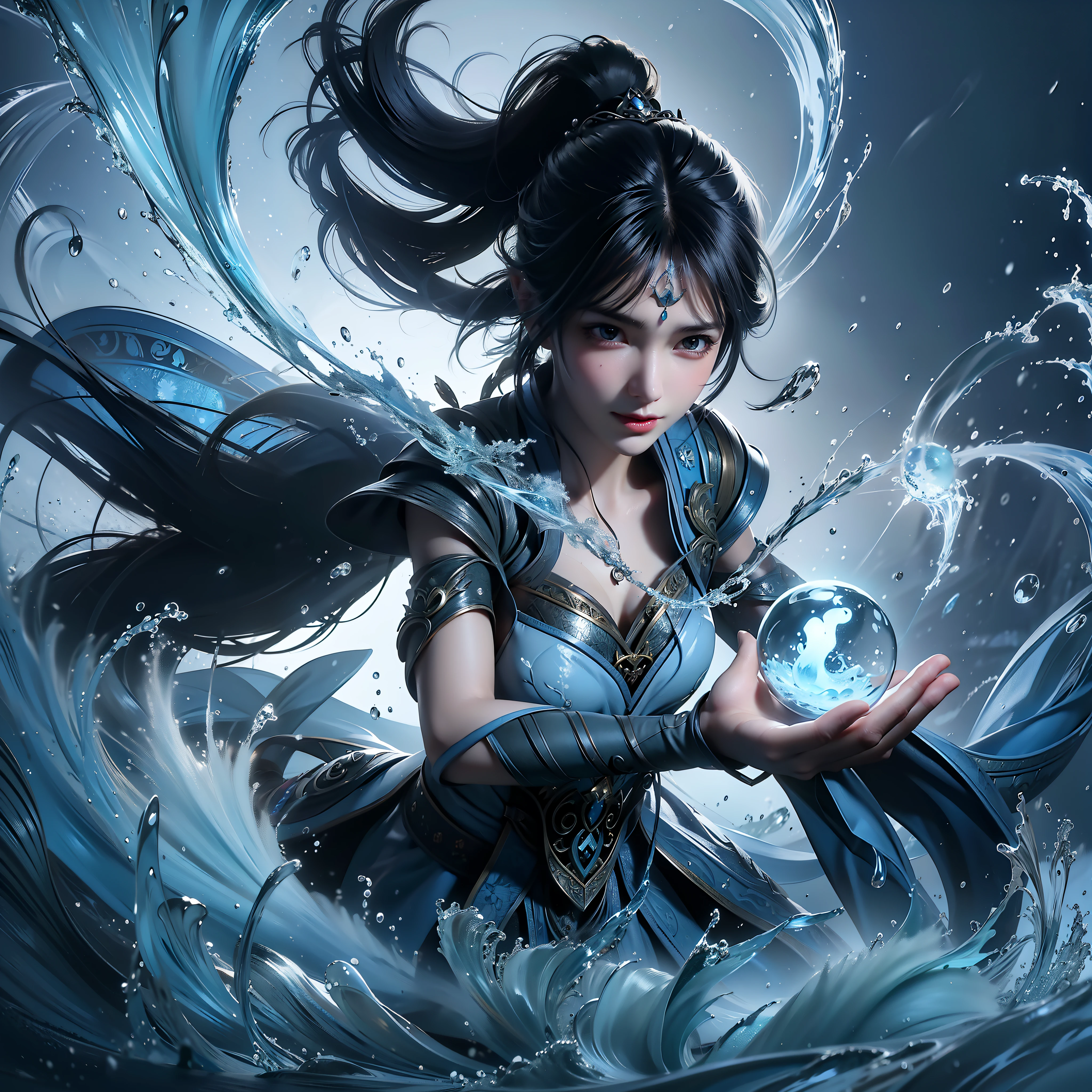 Close-up of a person holding a ball in the air, 亚洲女人water elemental, A witch is pitching a ball, Water magic close-up fantasy, beautiful avatar picture, fantasy art style, Artgerm and Ruan Jia, Graphic artist Magalivilleneuve, Beautiful digital artwork, Popular digital fantasy art, water elemental, digital art fantasy art(high high quality)(tmasterpiece)(Best quality)(So meticulous)(ssmile)