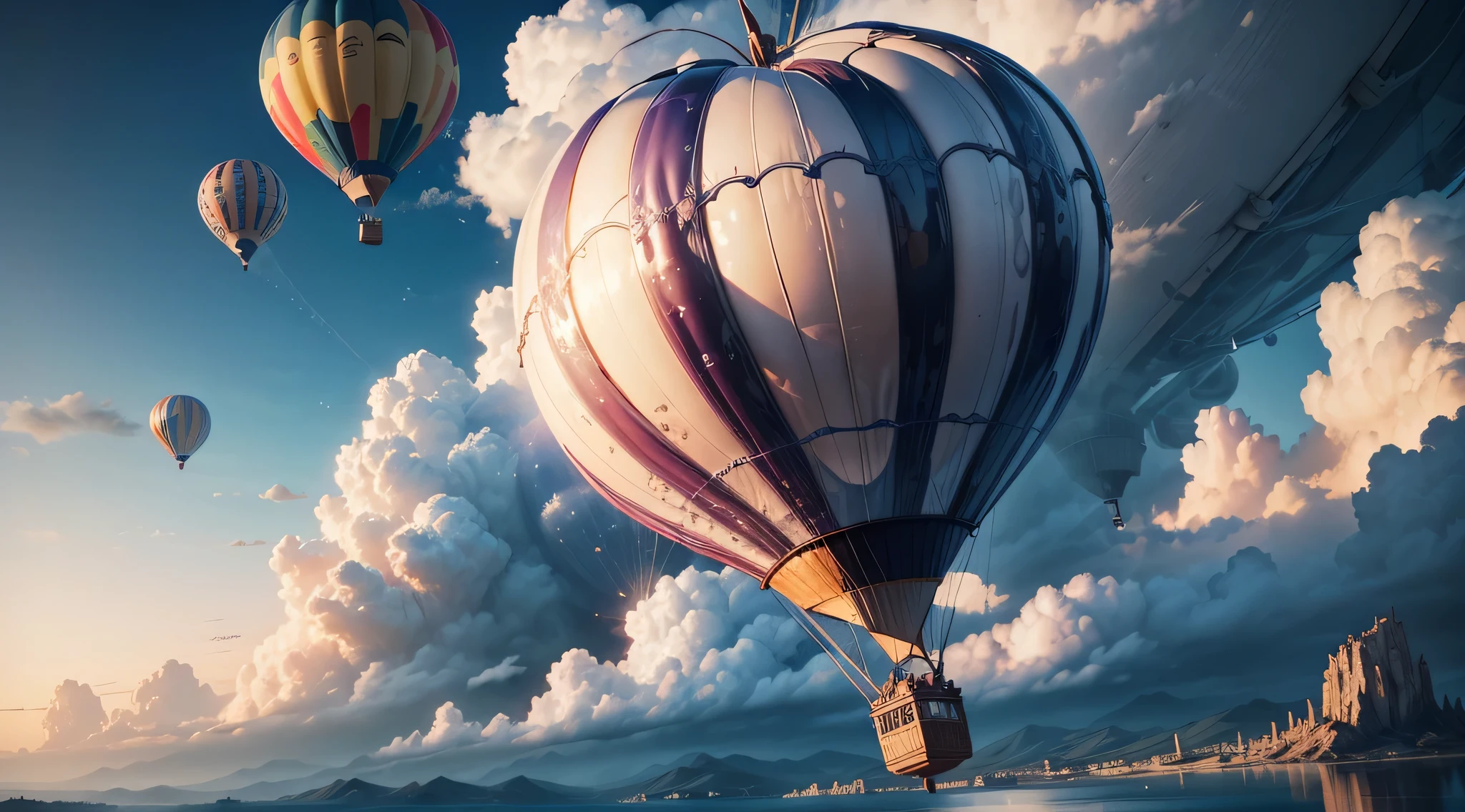 Hot air balloon made of water flying in the sky, Clouds, Halation, Intricate details, 8K, 16 K, Highest Quality, Top resolution, Ultra-detailed concept art, 24K UHD, FHD resolution