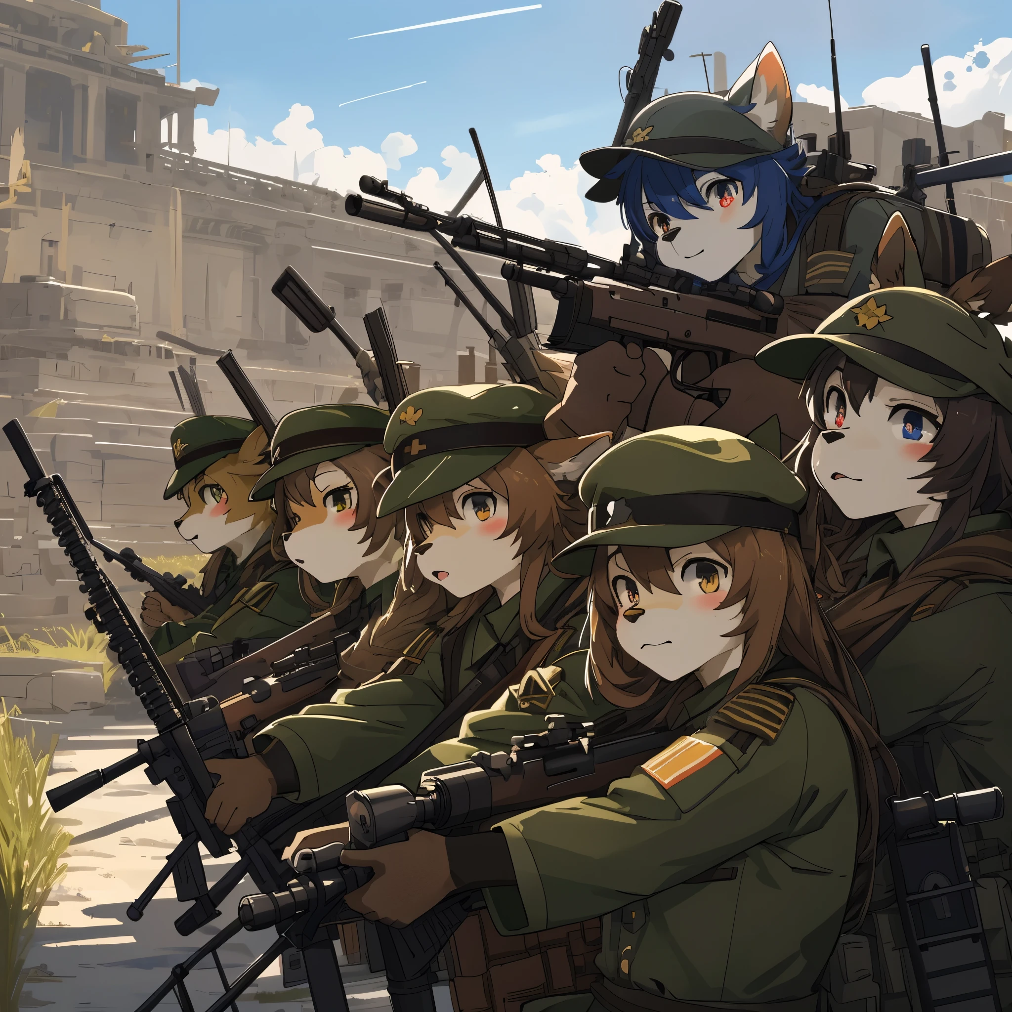 top quality, best quality, High-quality illustrations, masterpiece, super high resolution, detailed background, Military Headquarters, Maritime Self-Defense Force, rifle, sniper, battlefield, 6+boys, 6+girls, absurdres(highly detailed beautiful face and eyes)perfect anatomy, expression, good lighting, cinematic shadow(kemono, furry anthro)assorted poses, dynamic angle,