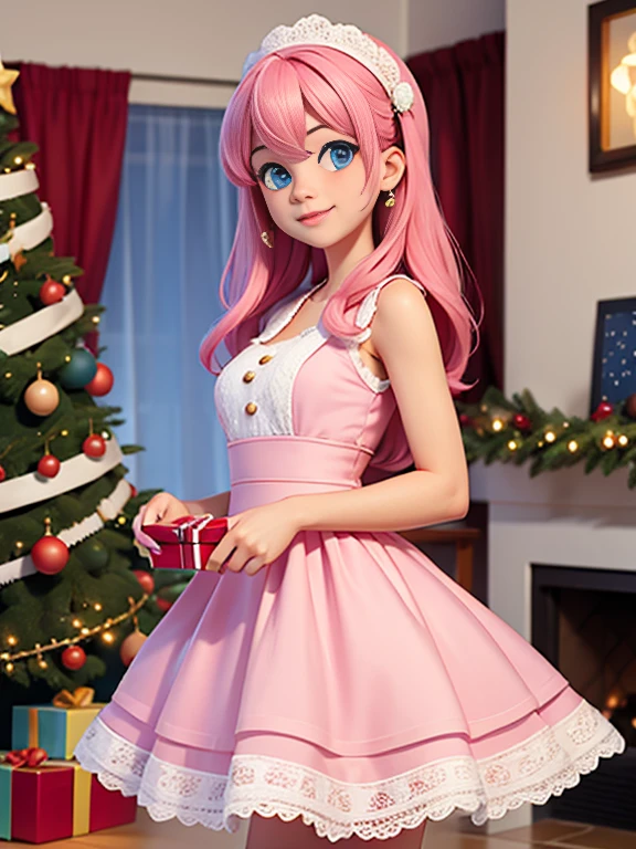 Super realistic 8K UHD image (((Masterpiece))), (((Best quality))), ((ultra definition)), of a beautiful and smiling 3d Pixar girl, blue eyes. pink hair. little white dress, opening Christmas presents next to the tree in the living room, 1 excited girl, bright pretty face