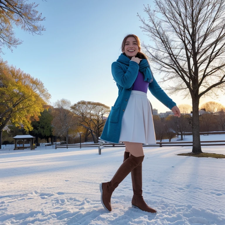 Es invierno, hace fresco, hay nieve, captures a panoramic shot of a very pretty full-length woman walking, va muy bien abrigada, She is very happy and jumps for joy in a park celebrating the prize she won in the lottery, la mujer pasea contenta hacia el fondo del bosque mirando al horizonte la puesta de sol. Obra maestra altamente detallada, Meticulously labeled and presented in stunning 8K resolution, profesional photography, 8k, foto RAW, La mejor calidad, obra maestra, fotorrealista, Altamente detallado, foco nítido, DSLR, High resolution, fotorrealista.