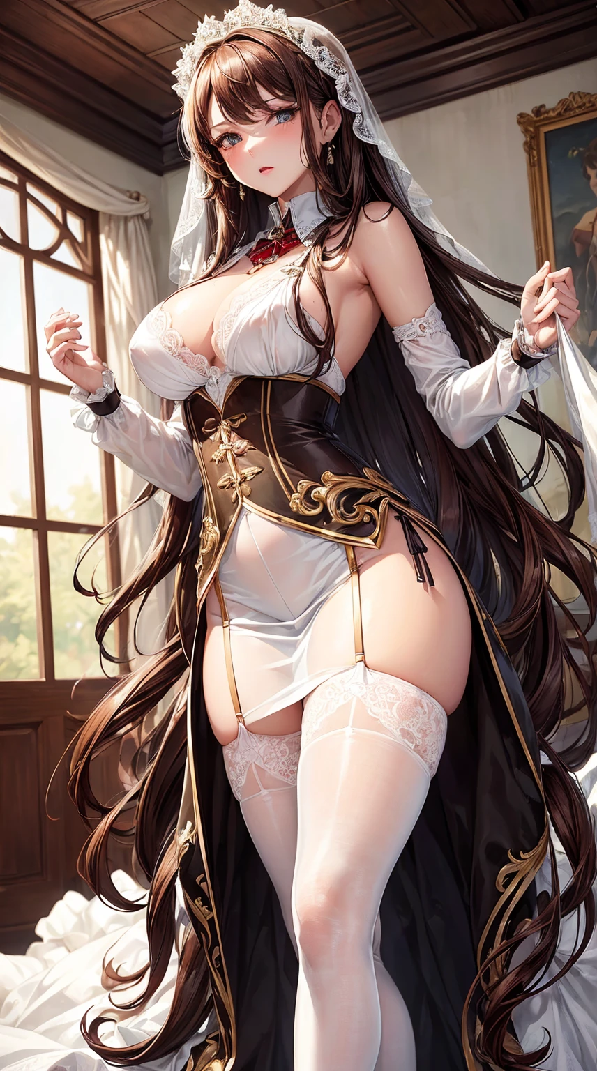 (tmasterpiece, quality, Best quality at best, offcial art, Beautiful and beautiful:1.2)Brown hair long，hair messy，Refined face，Lace edges，white wedding gown，The clothes are incomplete，plumw，fleshy feeling，large tities，suspender stockings，sexyposture，Sexy expressions，The details were perfect