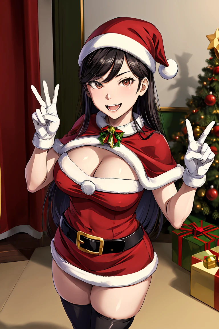 masterpiece, best quality, highres, kumashiro maya, hairband, long hair, belt, black thighhighs, gloves, christmas, cleavage, red capelet, santa hat, dress, standing, peace sign, indoors, christmas, smile, open mouth