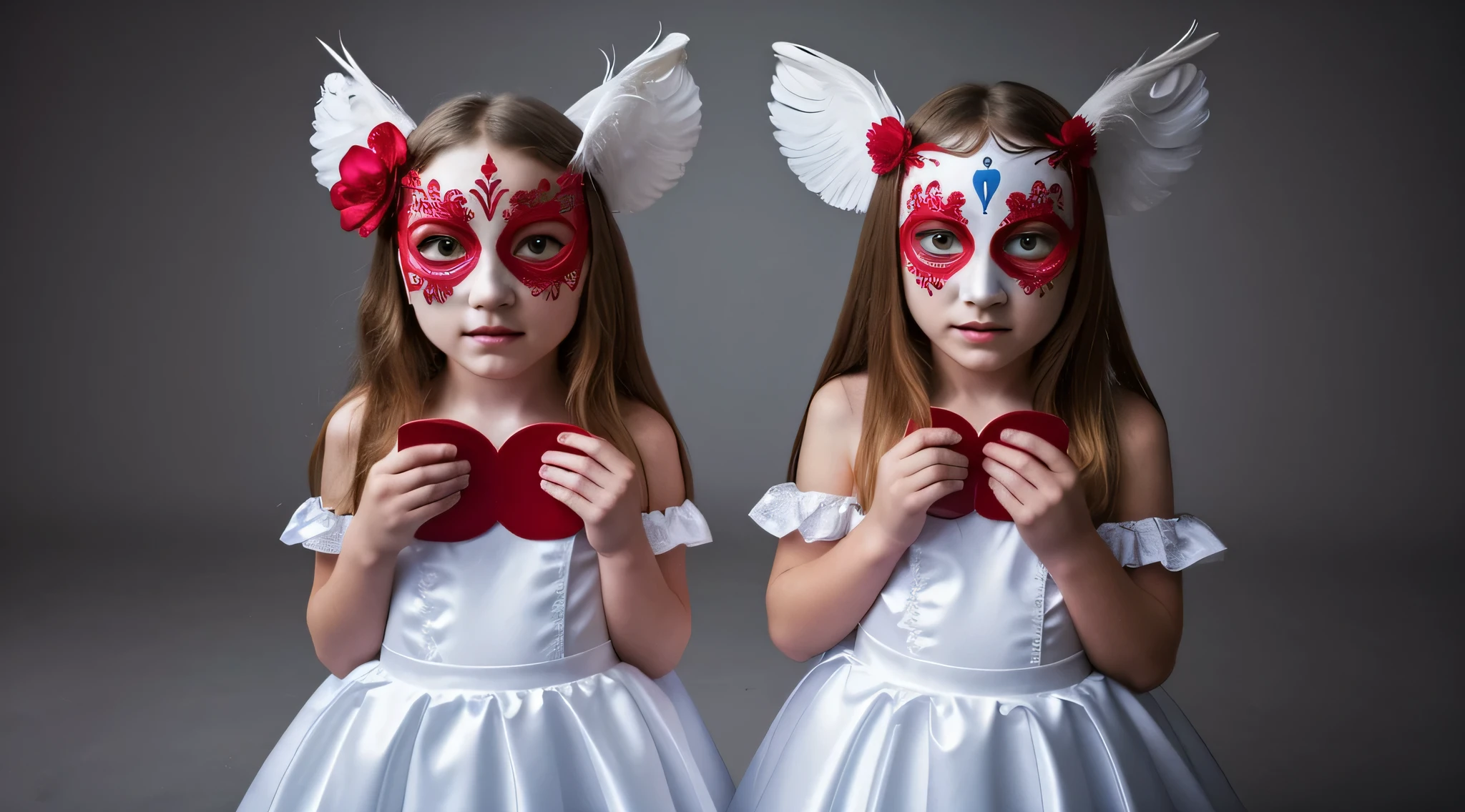 two blonde dressed in costumes with masks and feathers, award winning fotografia de terror, fotografia de terror, angelic and unsettling, arte de terror surreal, 2 anjos, imagem assustadora espiritual, fotografia assustadora, , surrealismo assustador