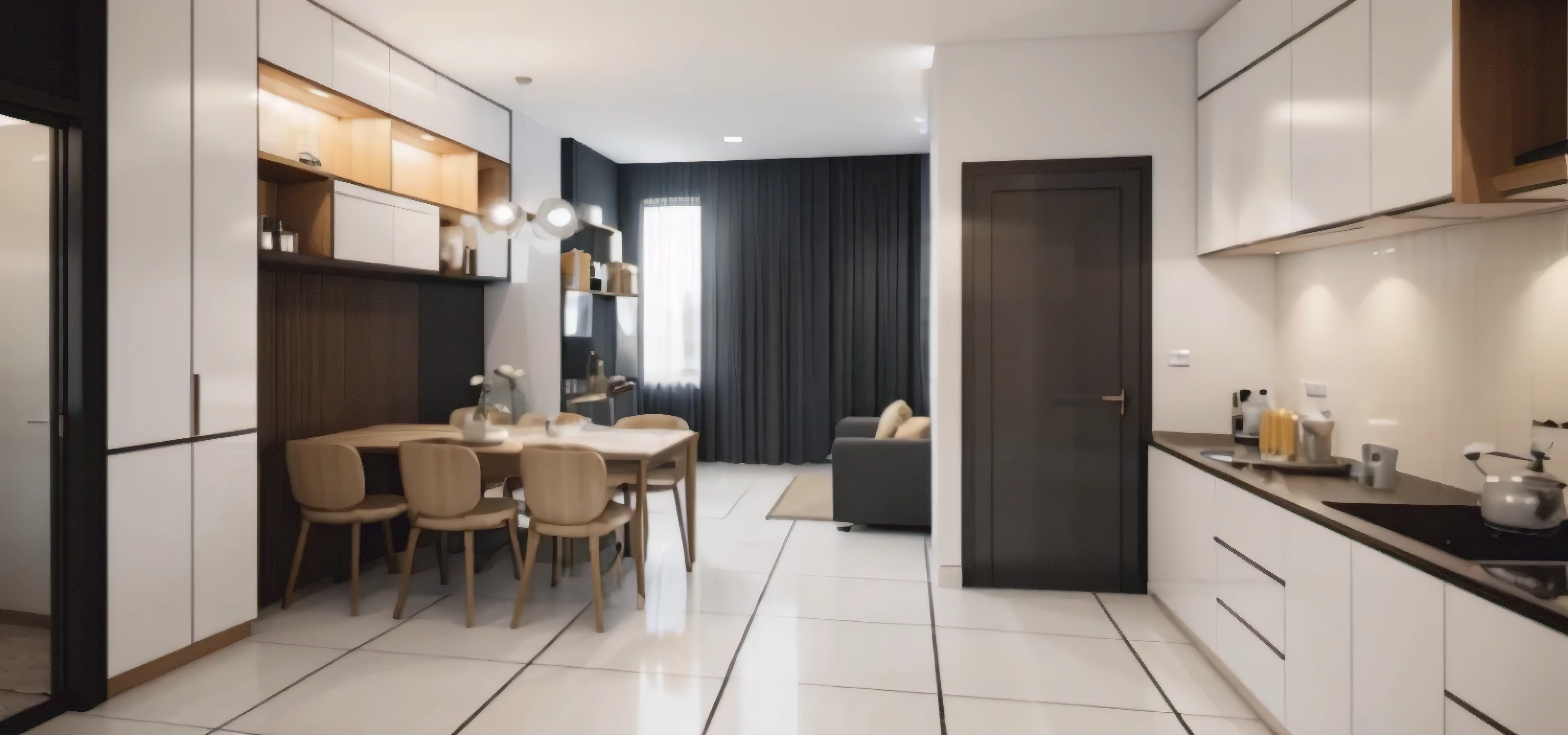 morden kitchen design,Super sharp like photos taken with a professional camera, (Masterpiece,best quality,8k uhd,dslr,soft lighting,high quality,hyper detail,film grain,Fujifilm XT3, UE 5 render 8k, super high resolution, supper detail:1.2), color block wall decor, Cream color block wall decor, glossy floor, (((volumetric light))), dark tone, glossy floor