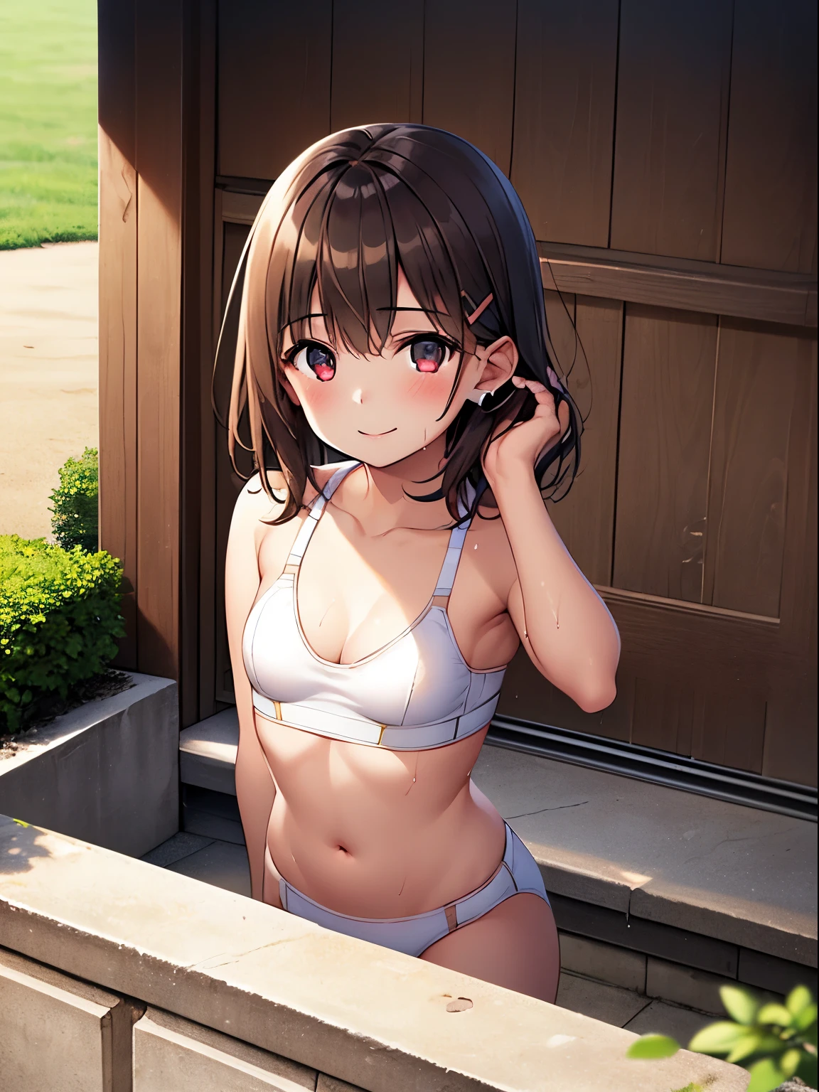 one girls,10yaers old,japanes,(((White Sports Bra))),portlate,,Wet with sweat,Natural smile,Clothes are wet,High quality, detail, Depth and finesse。Maintain finger shape、Official art。Natural light,((Realism: 1.2)), Official art,  glint, Highly detailed caste best quality:1.4),On the lawn,((run))