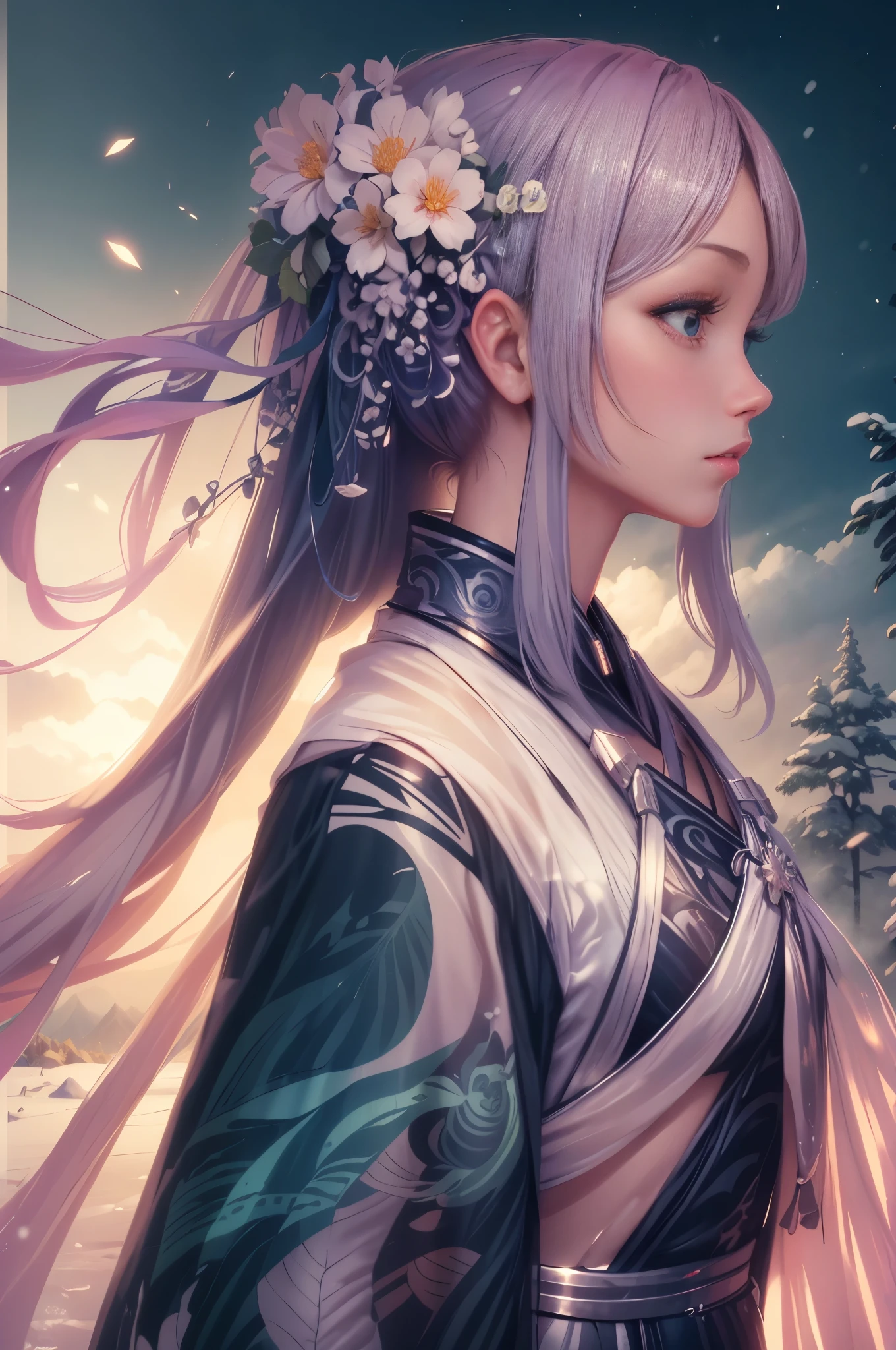 model shoot style, (Extremely detailed 8k CG wallpaper),extreme light，1个Giant Breast Girl，Stand under the iceberg，Admire the beautiful forests and snowfields，Persona Cyberpunk [有雾的snow mountains风景：Transparent ethereal girl，snow mountains：0.33] Soak up the beautiful pine flowers，Living in the cedar forest behind the clouds，（double contact：1.3），The face blends into the crystal clear mist，Pine forests are layered，Fusion of multiple elements into images，photography：Brandon Woelfelmist，Surreal dreamy atmosphere，snowy days，this is it，lute，HighDynamicRange，Surreal fantasy art，Epic digital fantasy art style，Beautiful sci-fi art, science fiction digital art插画,science fiction digital painting, futuristic digital painting, futuristic concept art, In front of you is a snowy sci-fi pine and flower landscape, science fiction digital art, 梦幻般的Transparent ethereal girl