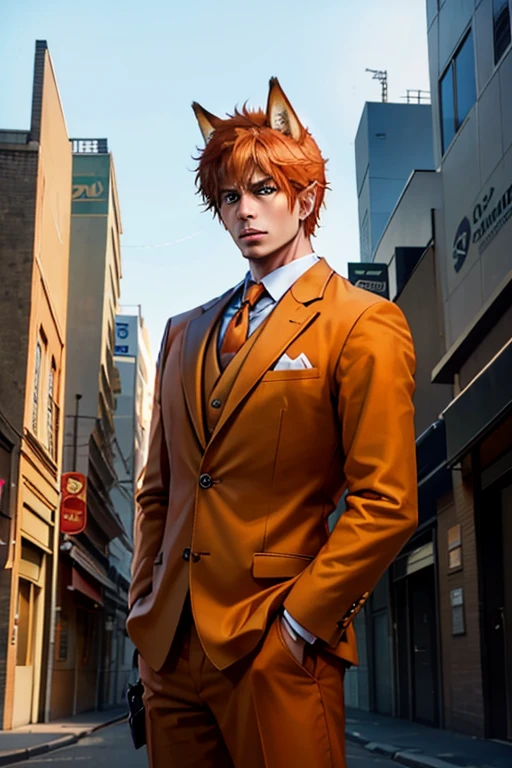 An orange haired man with orange eyes and fox ears is standing in the streets in a suit.