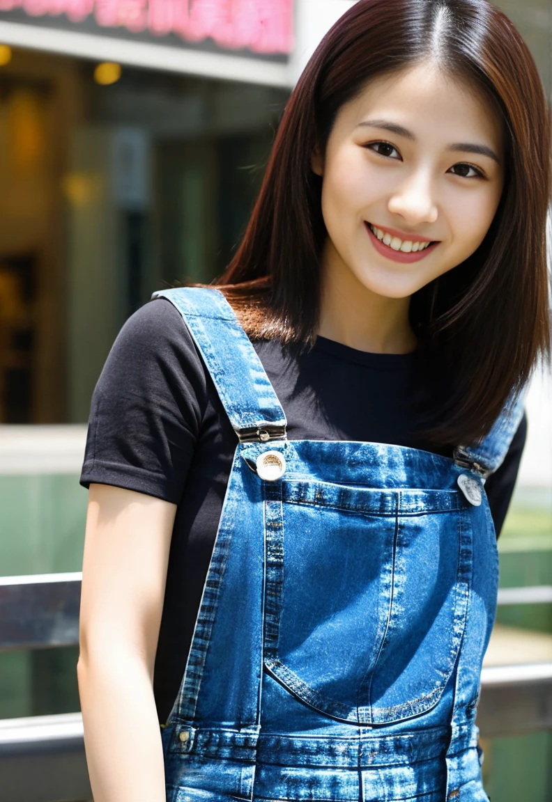 30 year old Hong Kong woman, Perfect slender figure,smiling genius, Straight medium hair with a slight brown tinge, thin and slightly long face、innocent and charming, black tank top and denim overalls.