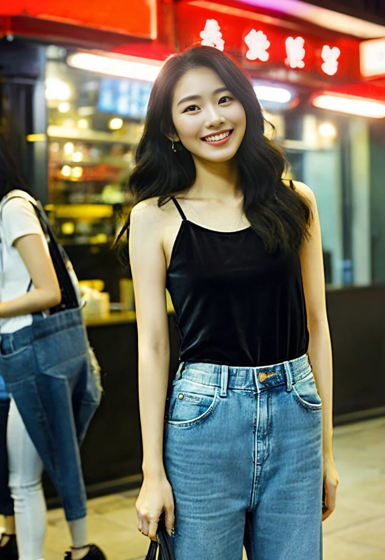 30 year old Hong Kong woman, Perfect slender figure,smiling genius, Straight medium hair with a slight brown tinge, thin and slightly long face、innocent and charming, black tank top and denim overalls.