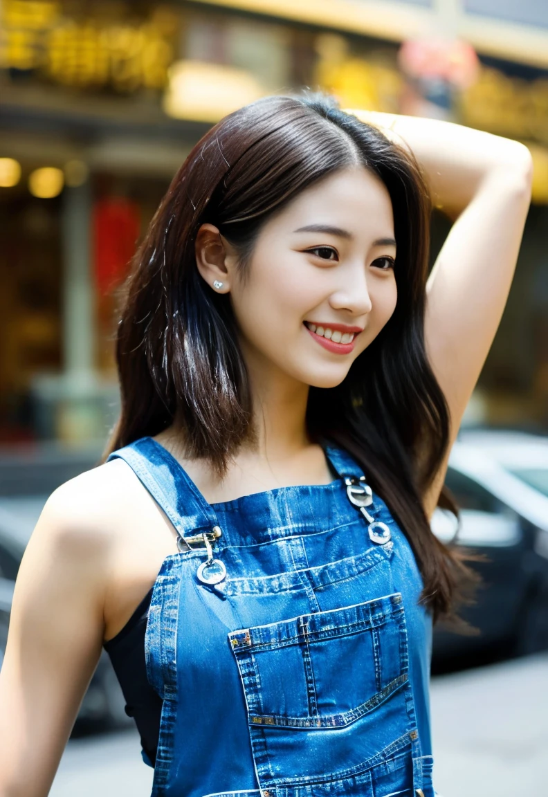 30 year old Hong Kong woman, Perfect slender figure,smiling genius, Straight medium hair with a slight brown tinge, thin and slightly long face、innocent and charming, black tank top and denim overalls.