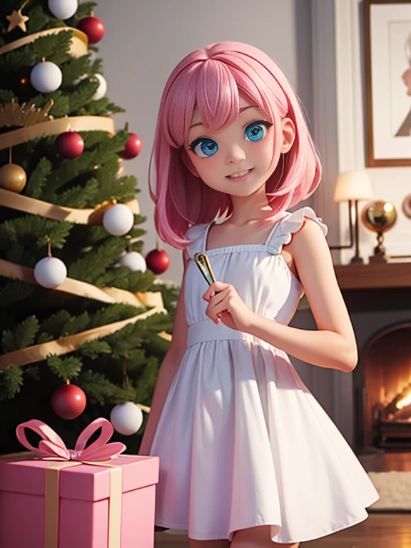 Super realistic 8K UHD image (((Masterpiece))), (((Best quality))), ((ultra definition)), of a beautiful and smiling 3d Pixar girl, blue eyes. pink hair. little white dress, opening Christmas presents next to the tree in the living room, 1 excited girl, bright pretty face