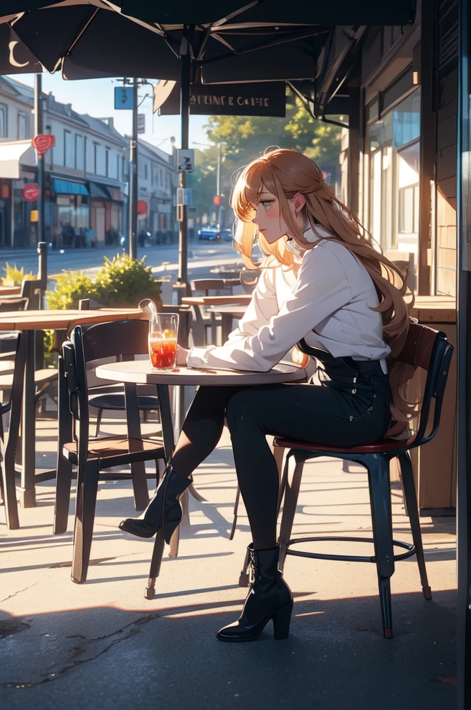 short black overall, white turtleneck, black kneehigh high heeled boots,
strawberry blonde, straight long hair,
1girl, solo,
sitting at table outside café, from side,