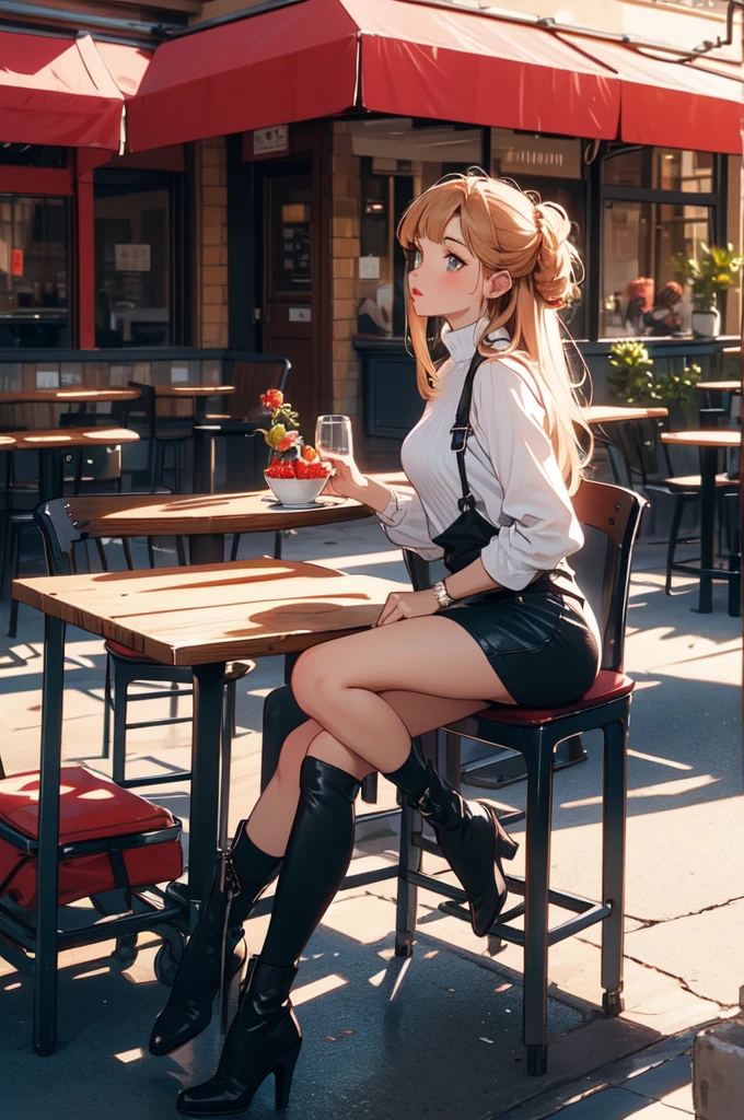 short black overall, white turtleneck, black kneehigh high heeled boots,
strawberry blonde, straight long hair, 
1girl, solo,
sitting at table outside café, from side,