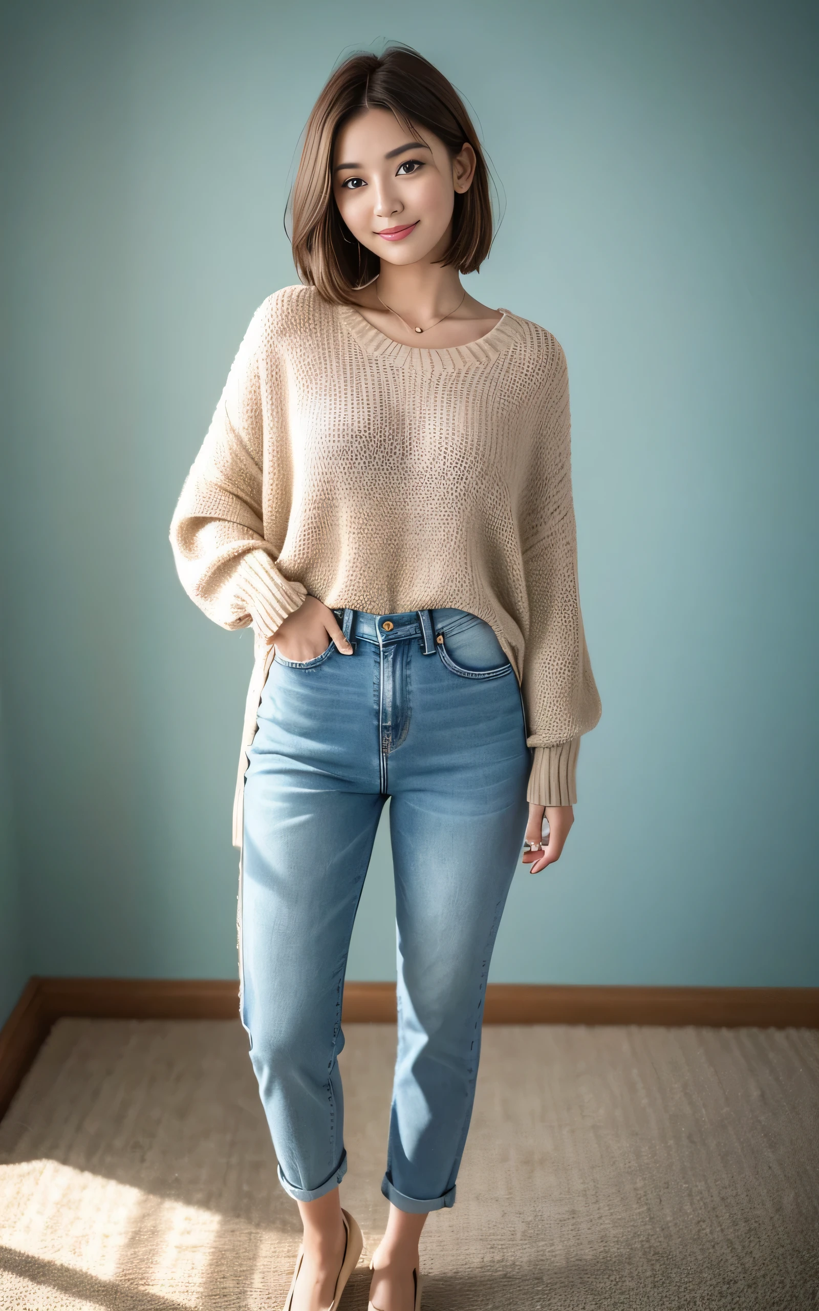 masutepiece, Best Quality, 8K, 1 girl, 20 yo, Closed mouth, Smile, Full body, (Full body:1.4), Solo, Cute, Girly, Delicate girl, Neat and clean beauty, Raw photo, Professional Photography, Portrait, Soft light, Professional Lighting, Back lighting, Look away, looking at away, Sophisticated, Film grain, (Eyes and faces with detailed:1.0), Short-length floating hair, Beautiful flowing hair, Sweaters, Jeans pants